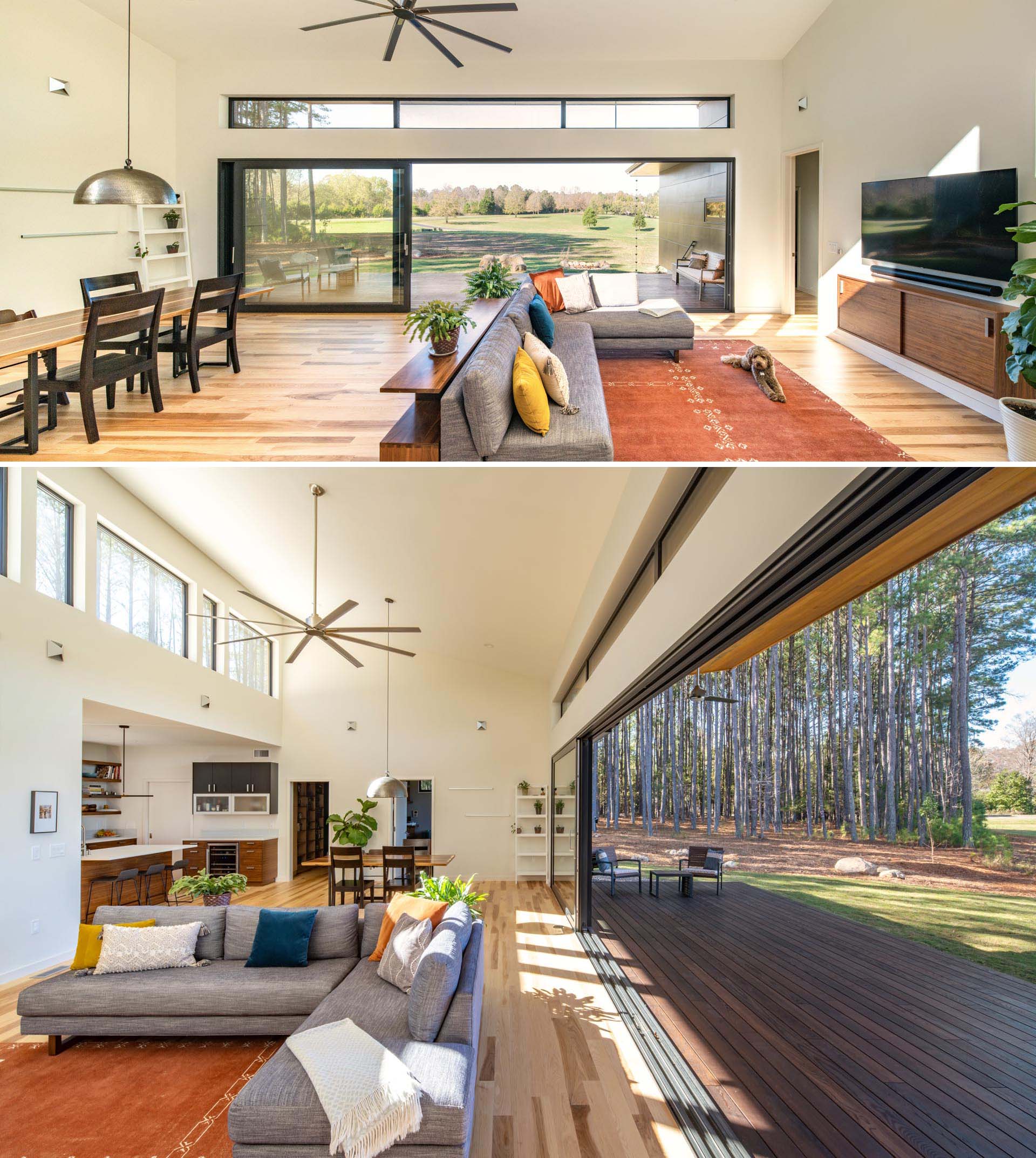 A modern home interior with high ceilings, clerestory windows, and an open plan living room and dining room. 
