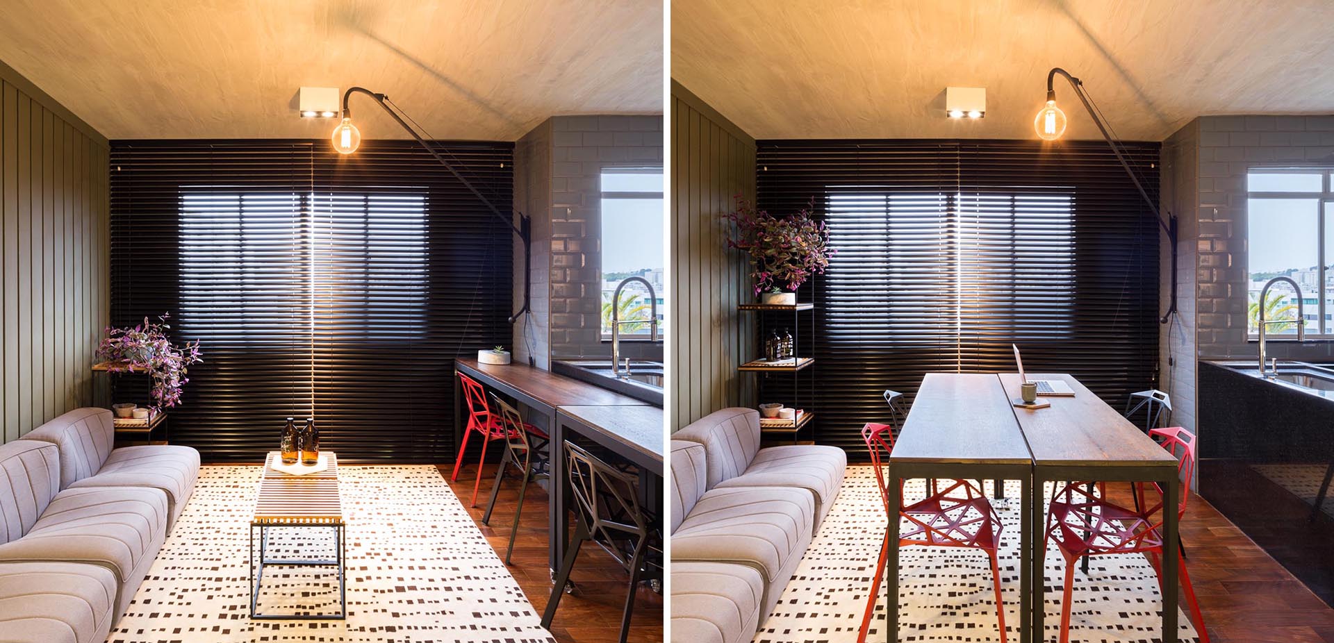 A modern apartment that has tables on wheels that can move to turn the living room into a dining room.