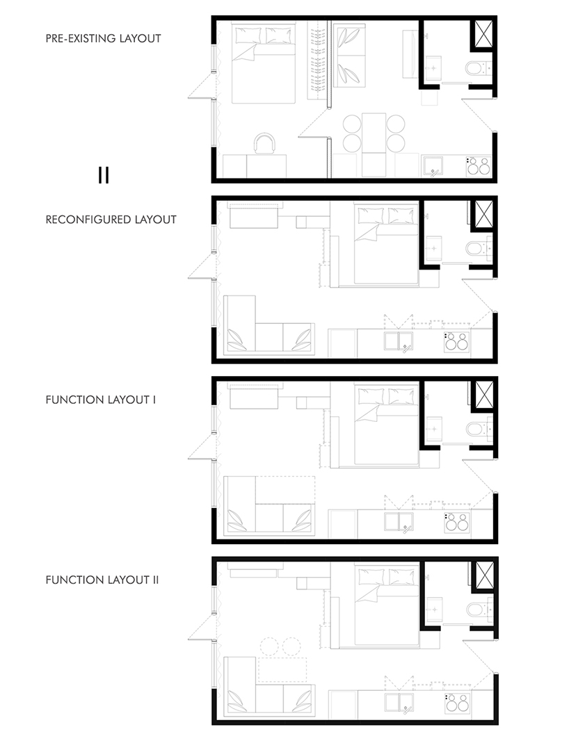 A remodeled micro apartment with a kitchen, living space, loft bed, and bathroom.