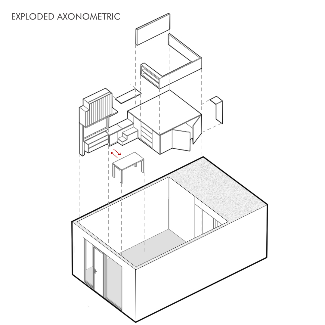 The layout of a micro apartment with a loft bed.