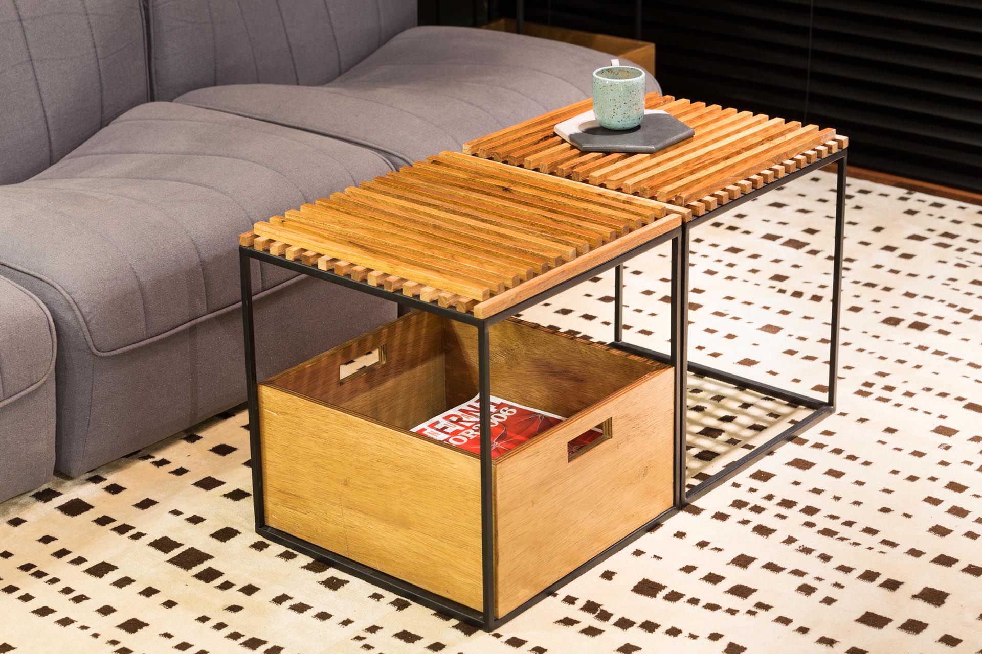 A modern coffee table that can be stacked as a bookshelf.