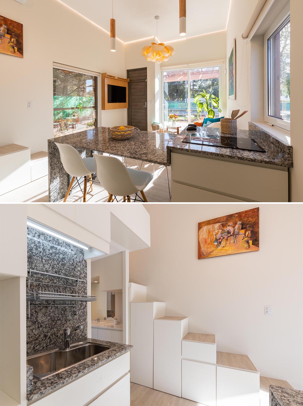 In this tiny home kitchen, there's a multi-level countertop with the section dedicated to the cooktop, and the lower acts as a countertop work surface and dining table. 