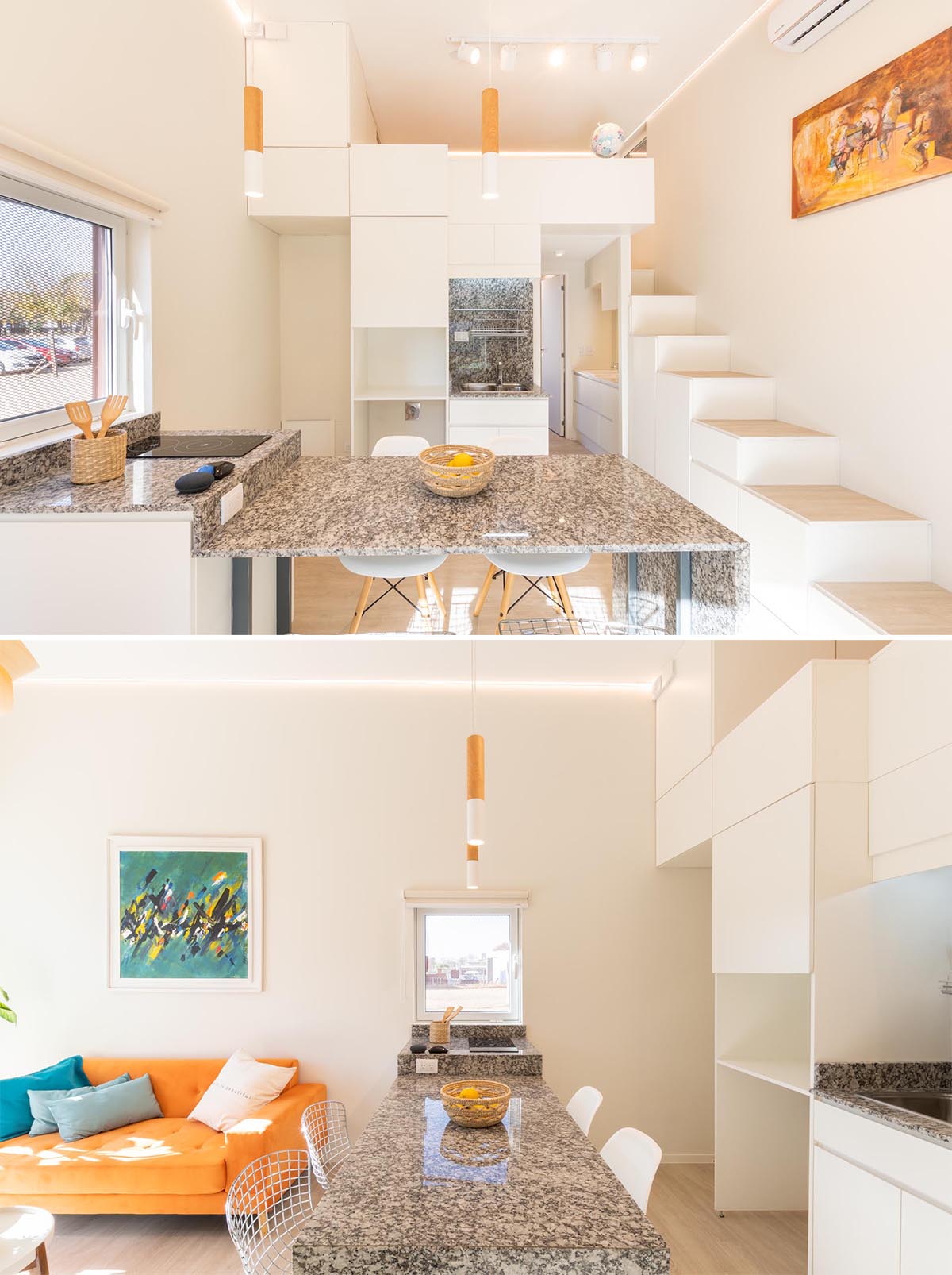 In this tiny home kitchen, there's a multi-level countertop with the section dedicated to the cooktop, and the lower acts as a countertop work surface and dining table. 