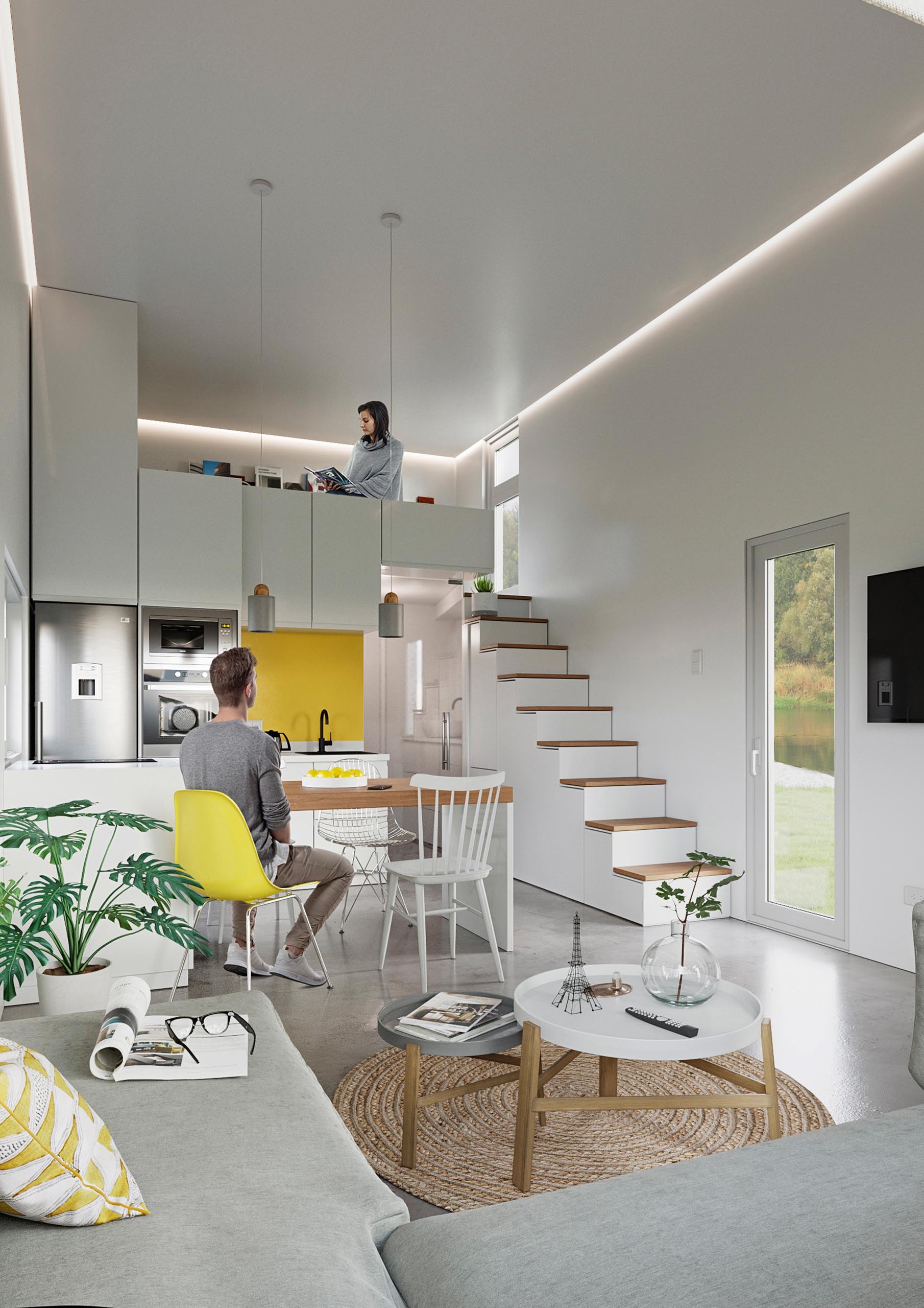 Một ngôi nhà nhỏ có thể di dời bằng bê tông đúc sẵn hiện đại có phòng khách không gian mở, tầng lửng, khu vực ăn uống và nhà bếp.