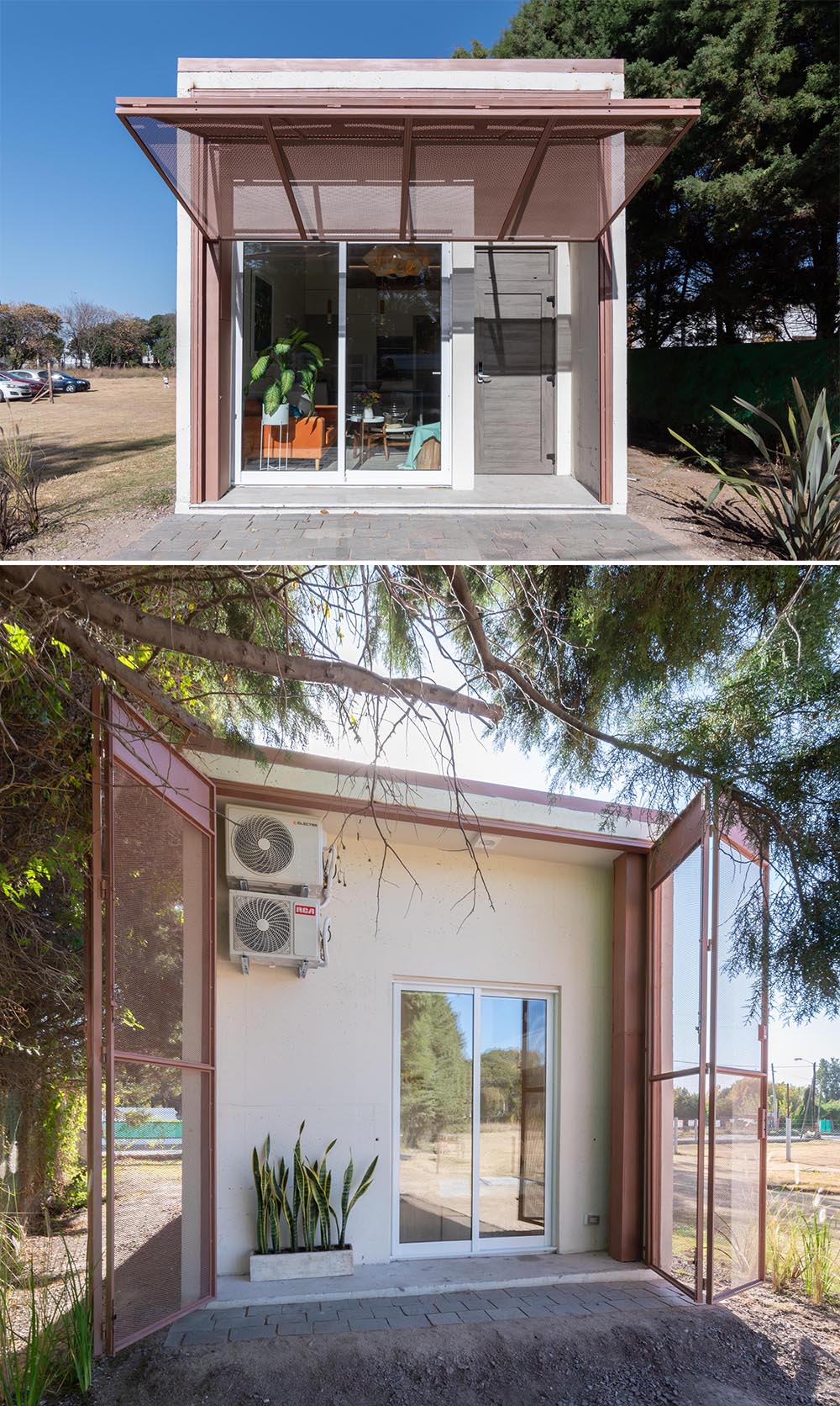 A modern precast concrete relocatable tiny home with a folding exterior screens.