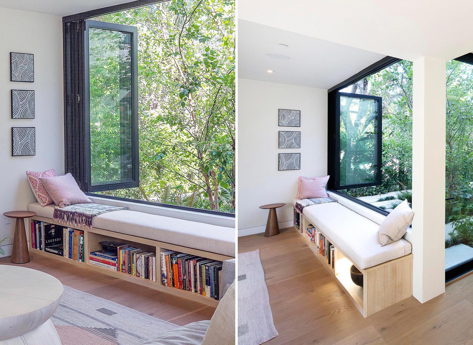 A modern window bench with a built-in bookshelf.