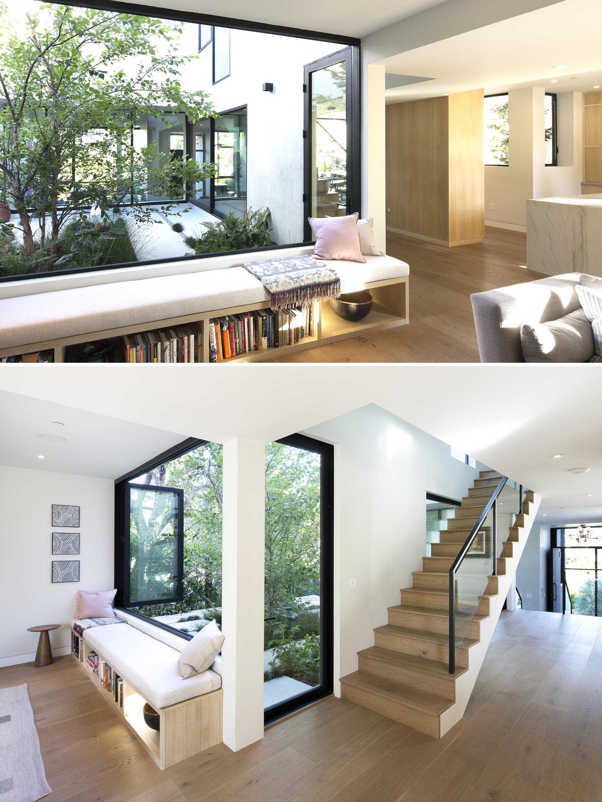 A modern window bench with a built-in bookshelf.