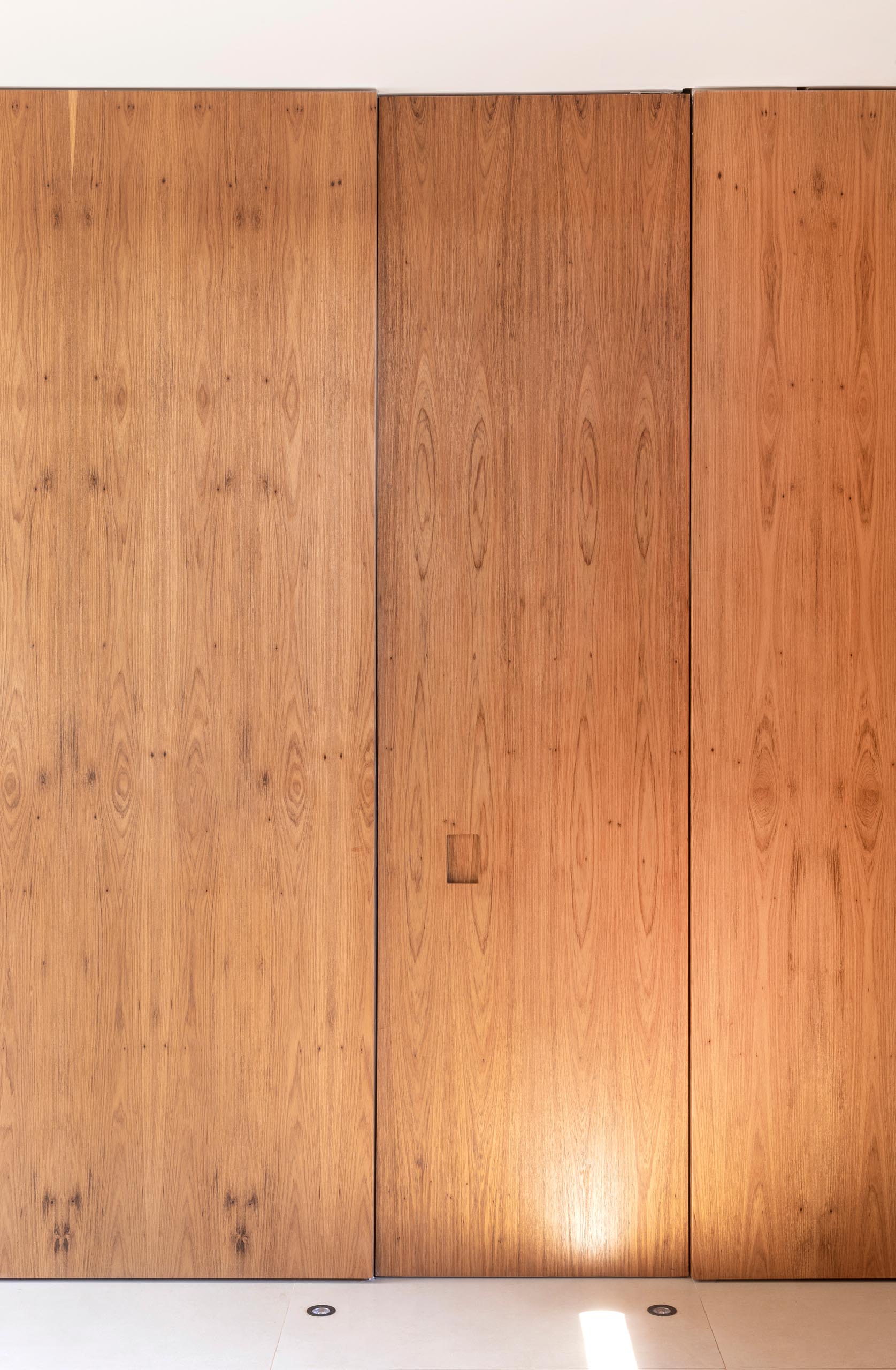 A modern bathroom with a dark color palette is hidden behind a wood door that matches the surrounding wall.