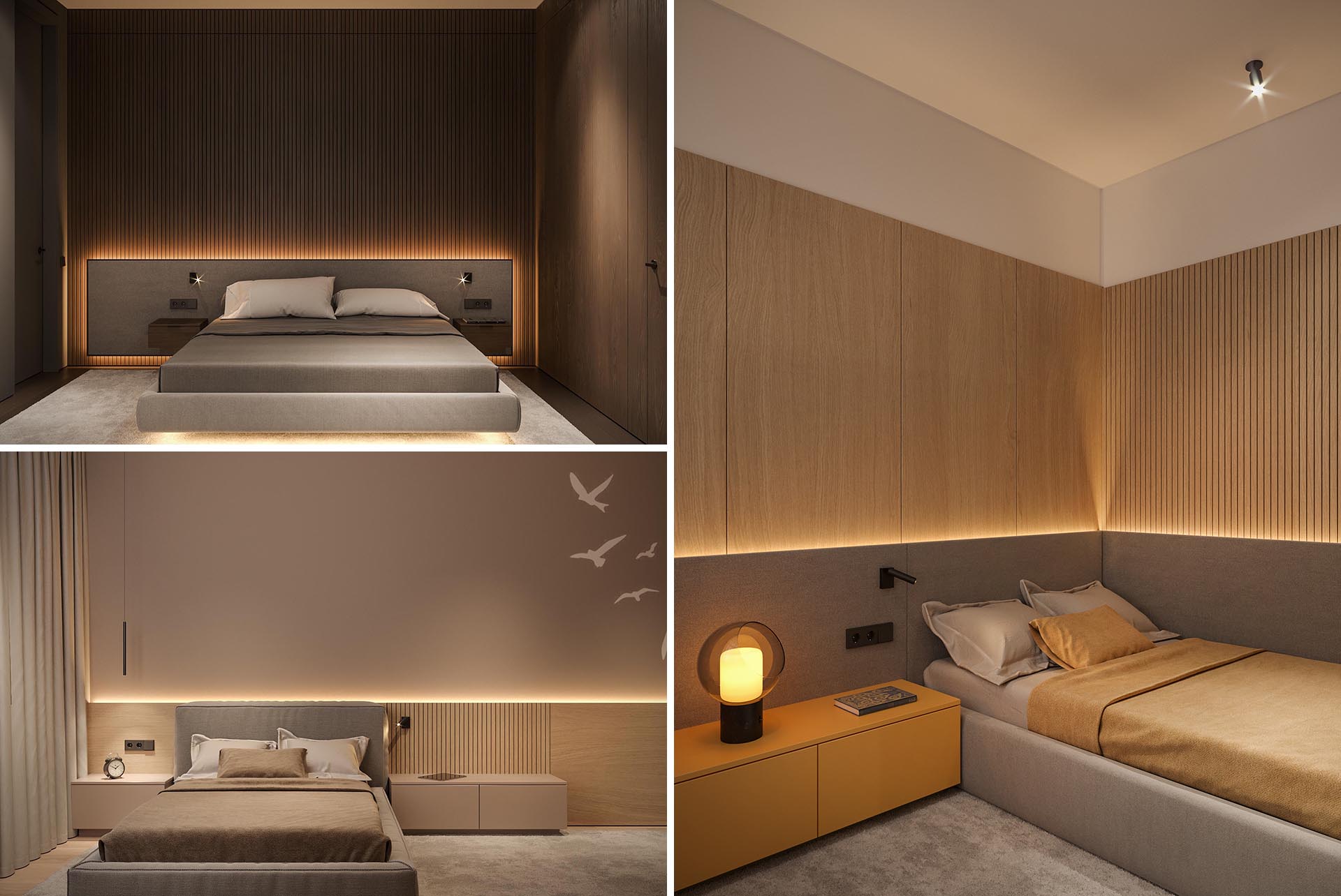 Modern bedrooms with a backlit headboard and partial wood accent wall.