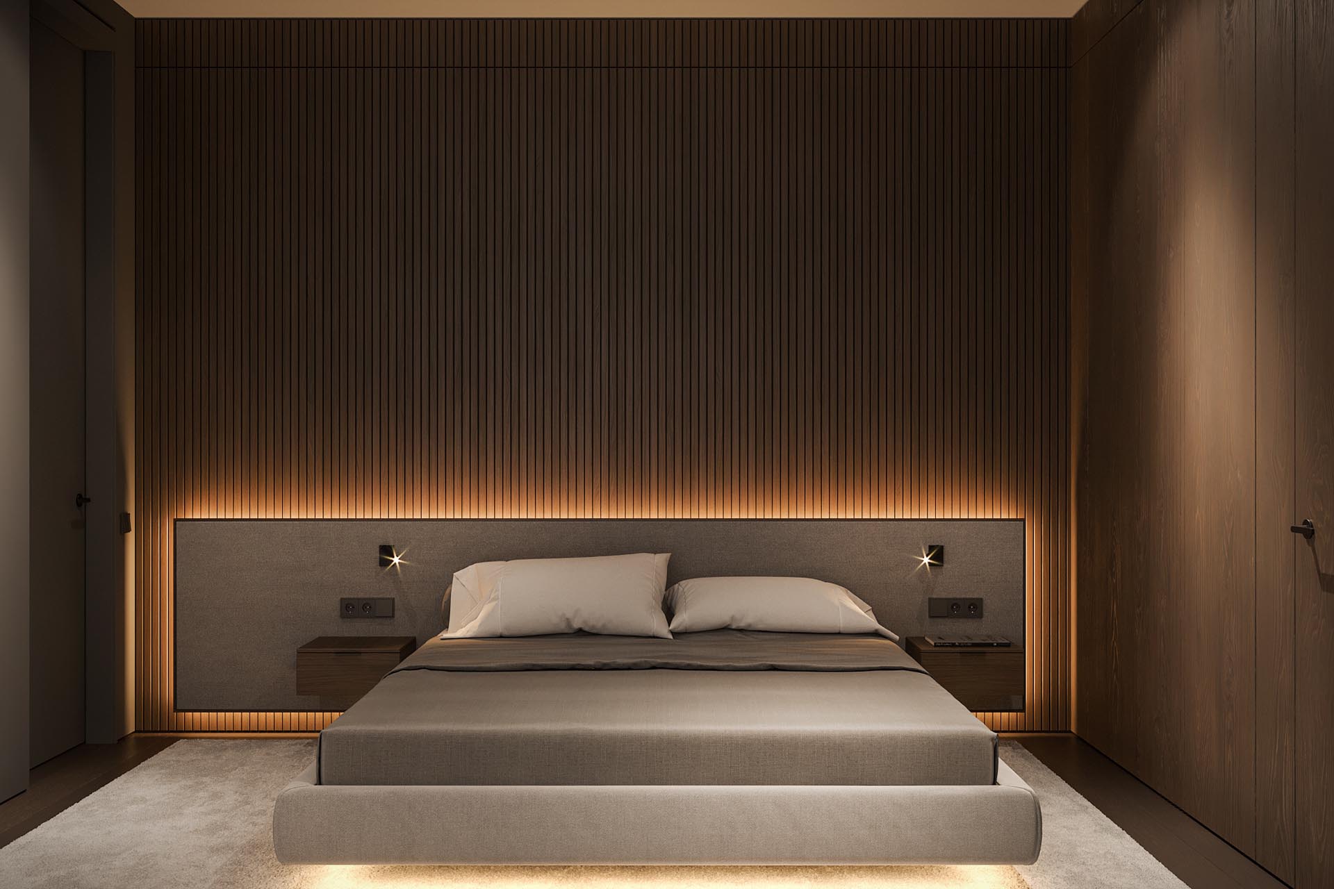 A modern bedroom with a backlit headboard and partial wood accent wall.