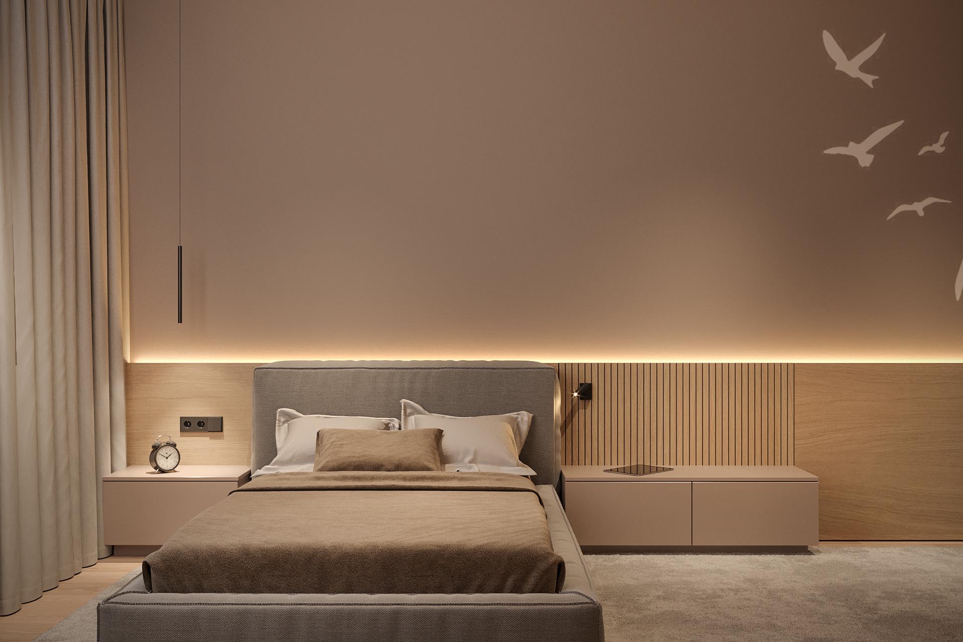 A modern bedroom with a backlit headboard and partial wood accent wall.