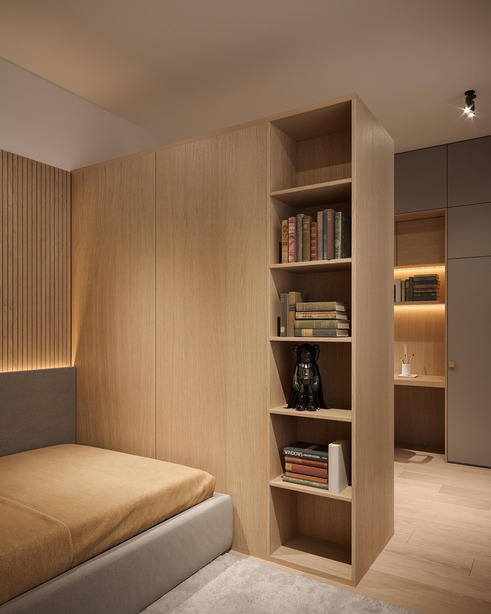 A modern bedroom with built-in shelving.