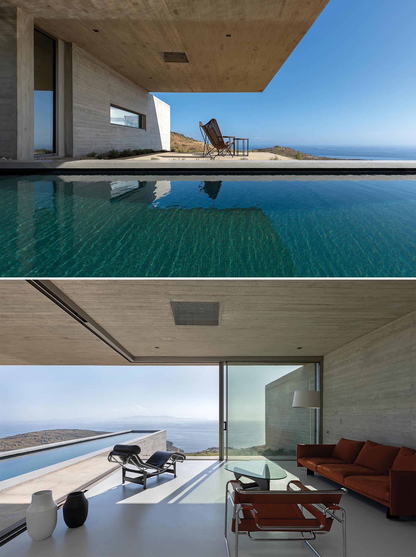 A modern concrete home with a living room that has sliding glass walls that open to the swimming pool.