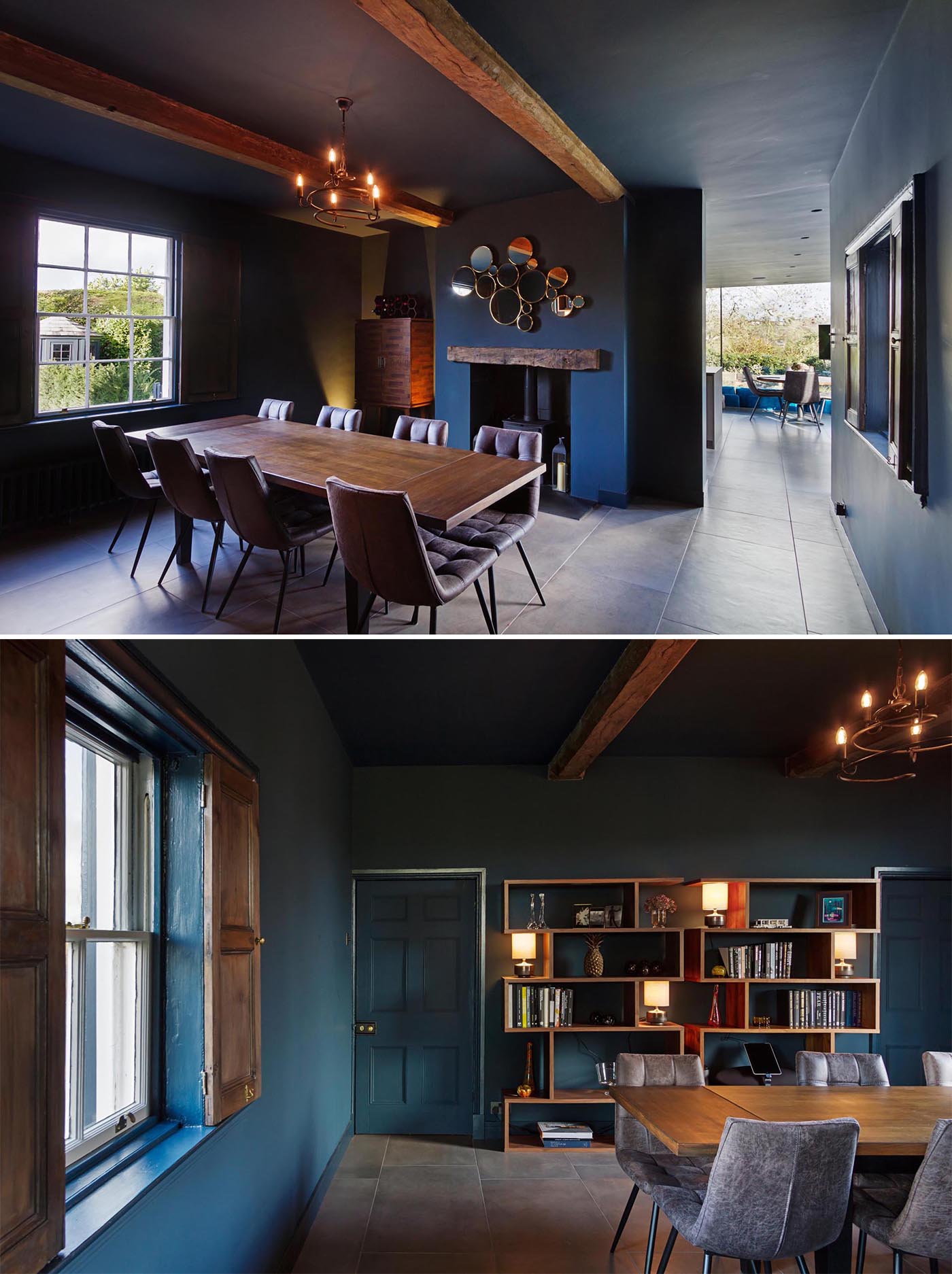 This formal dining room with exposed wood beams, acts as a way to connect a new addition to the original home.