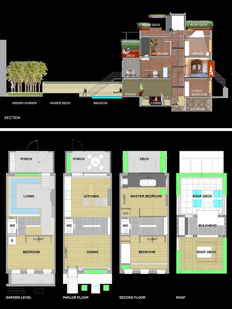 The floor plan and layout of a four storey brick home in New Yor.