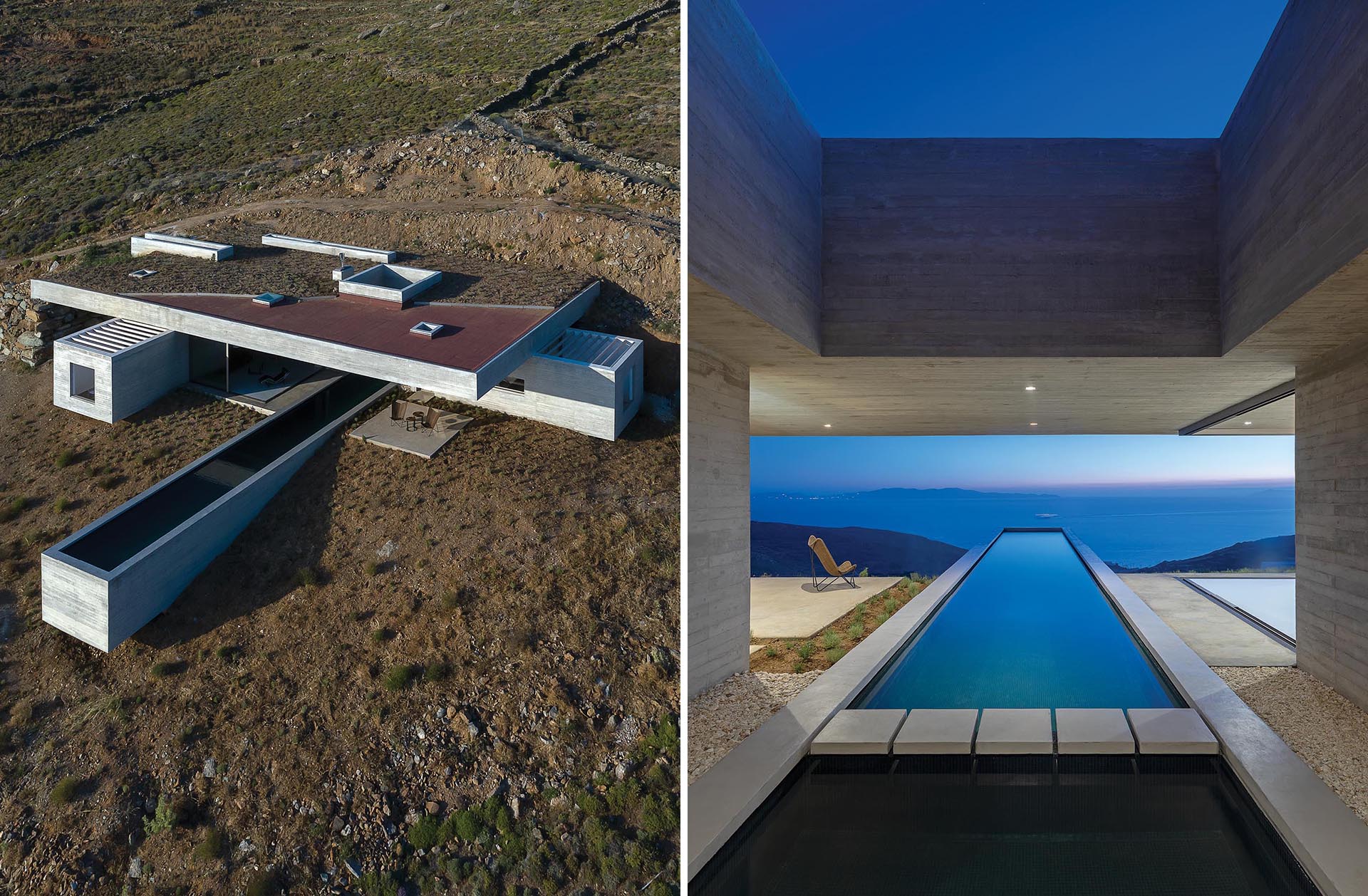 A modern concrete home built into the hillside, has a partial green roof and a long swimming pool.