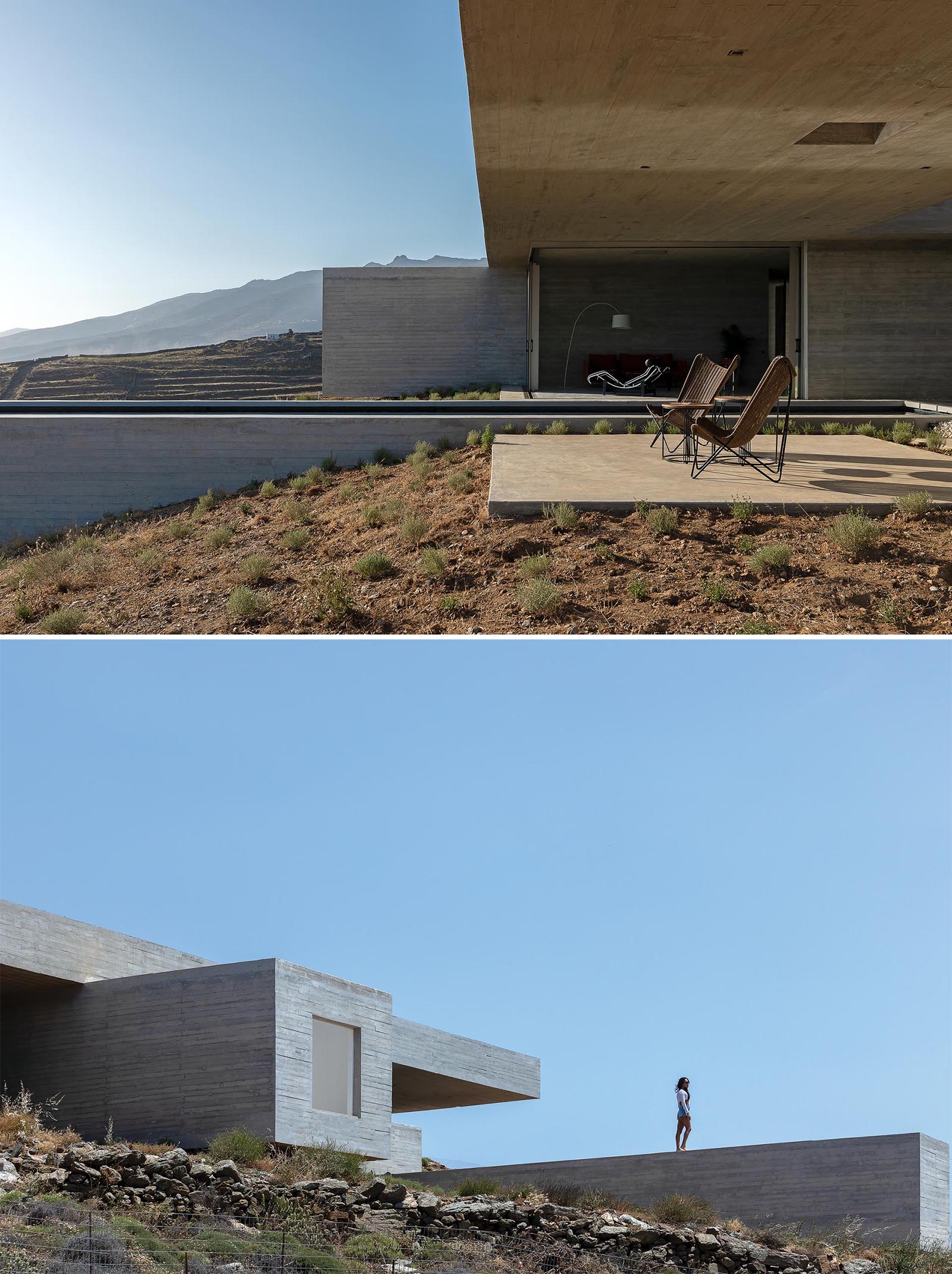 A modern concrete house built into a hillside.