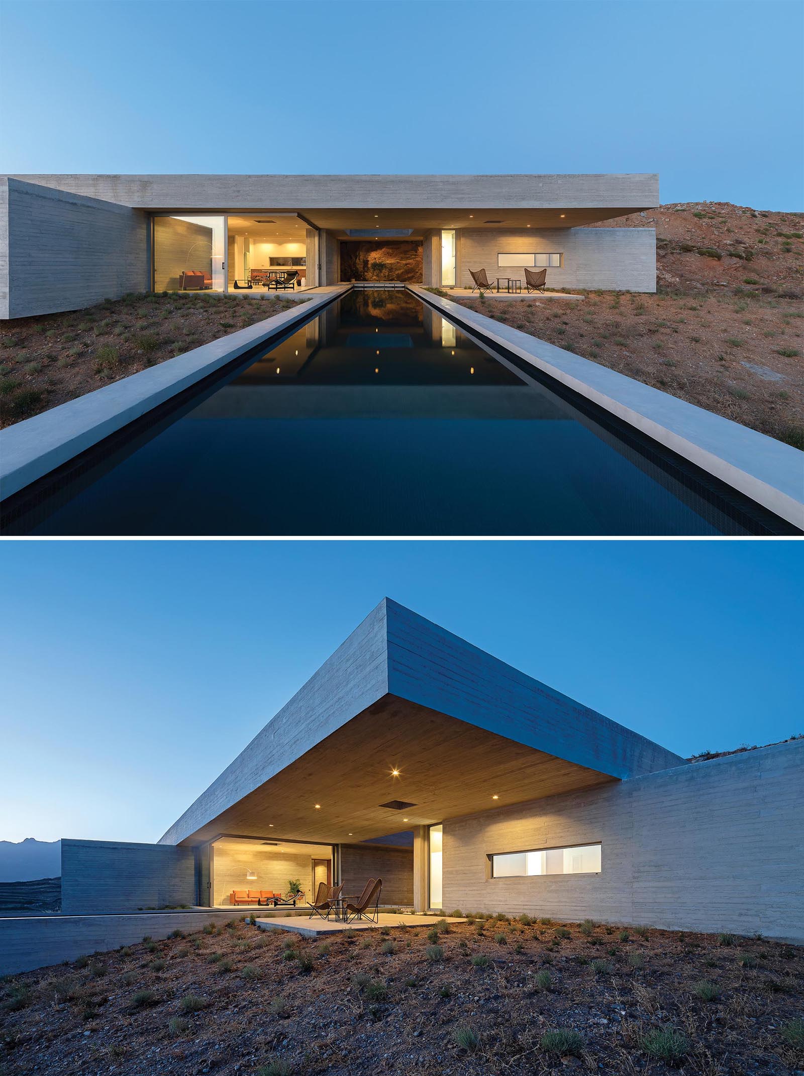 A modern concrete house built into the hillside has a linear swimming pool and a covered outdoor patio.