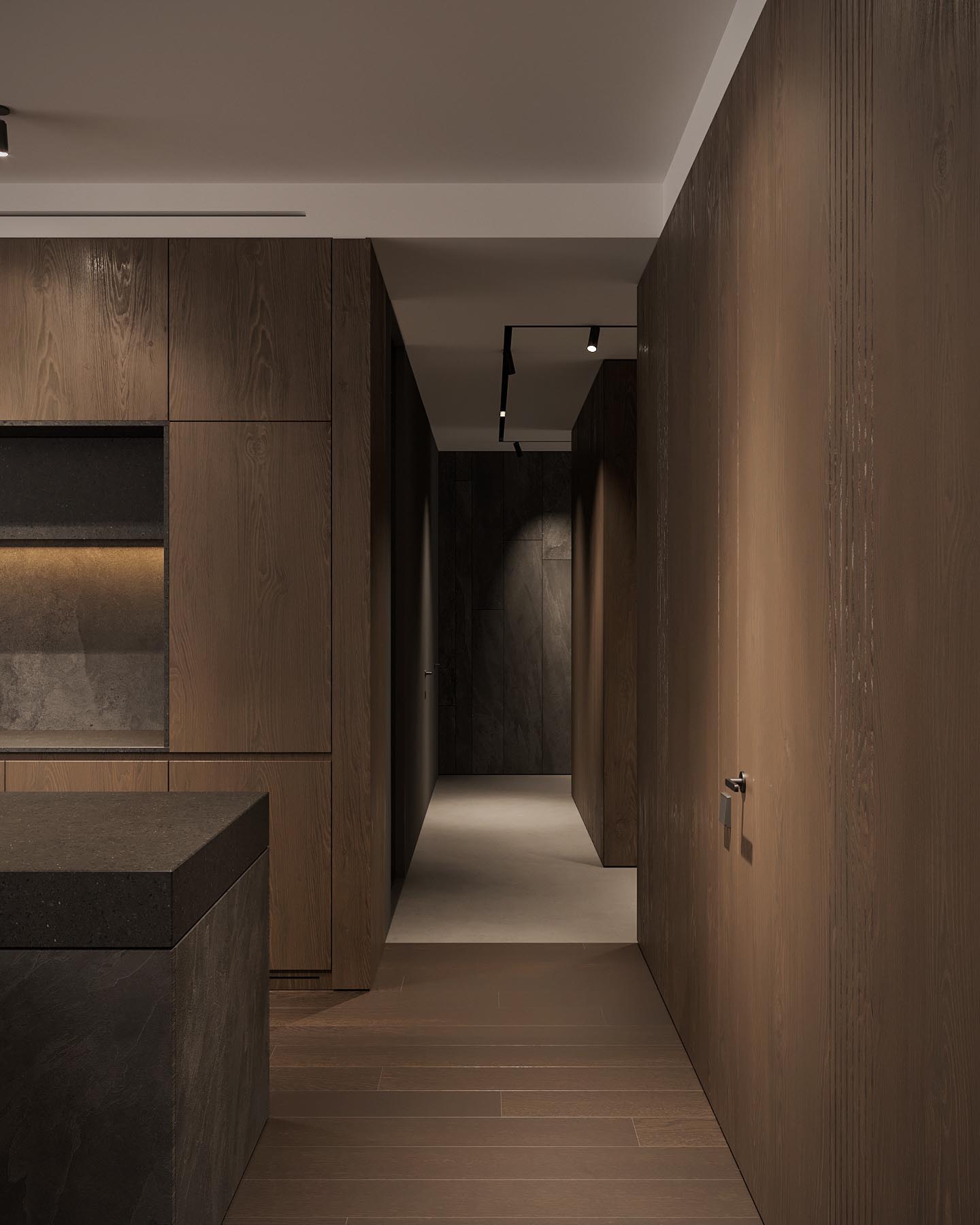 A dark wood lined entryway and hallway.