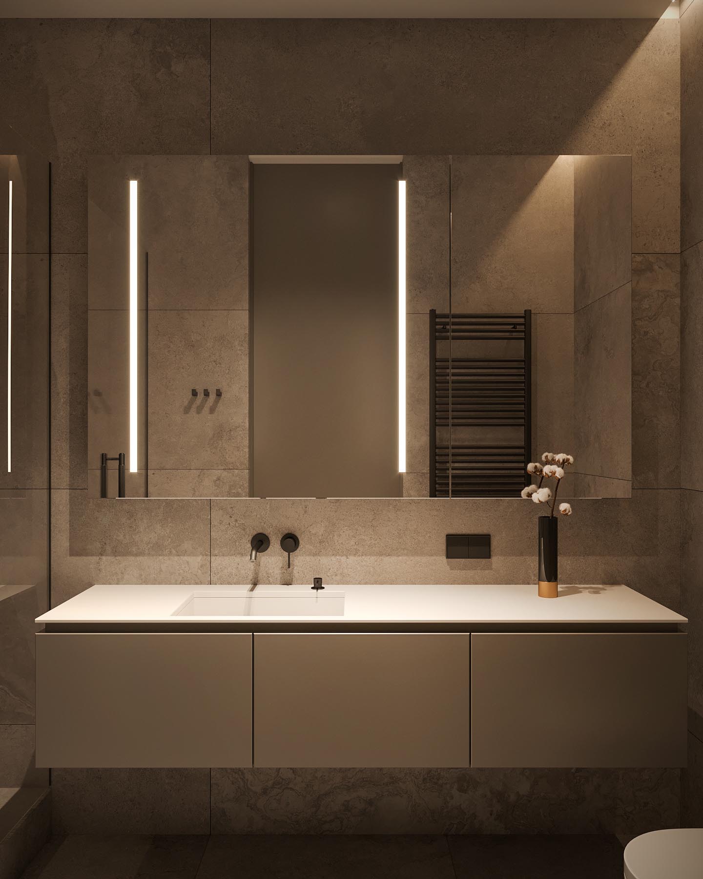 A modern bathroom with a white vanity, large format tiles, and black accents.