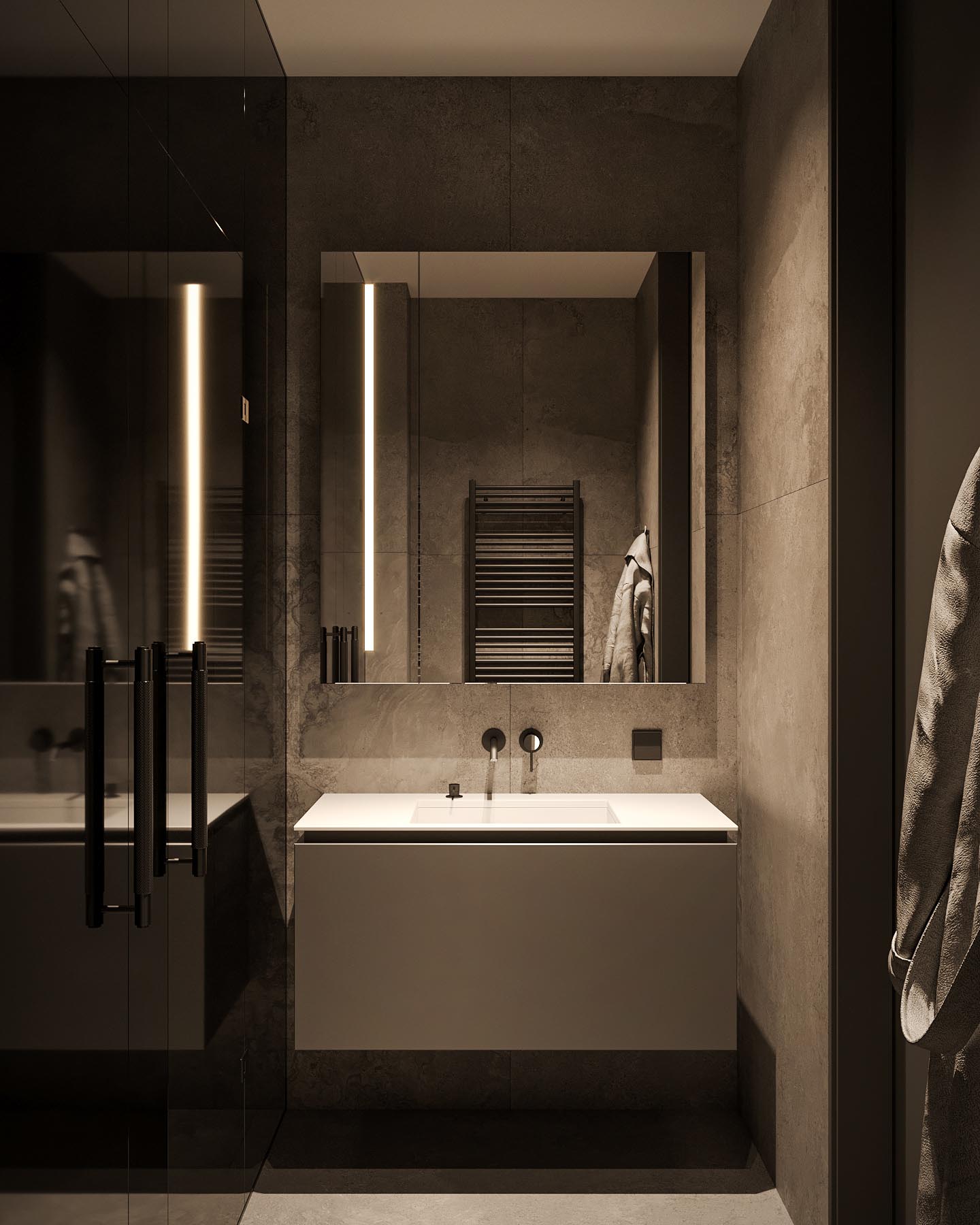A modern bathroom with a white vanity, large format tiles, and black accents.