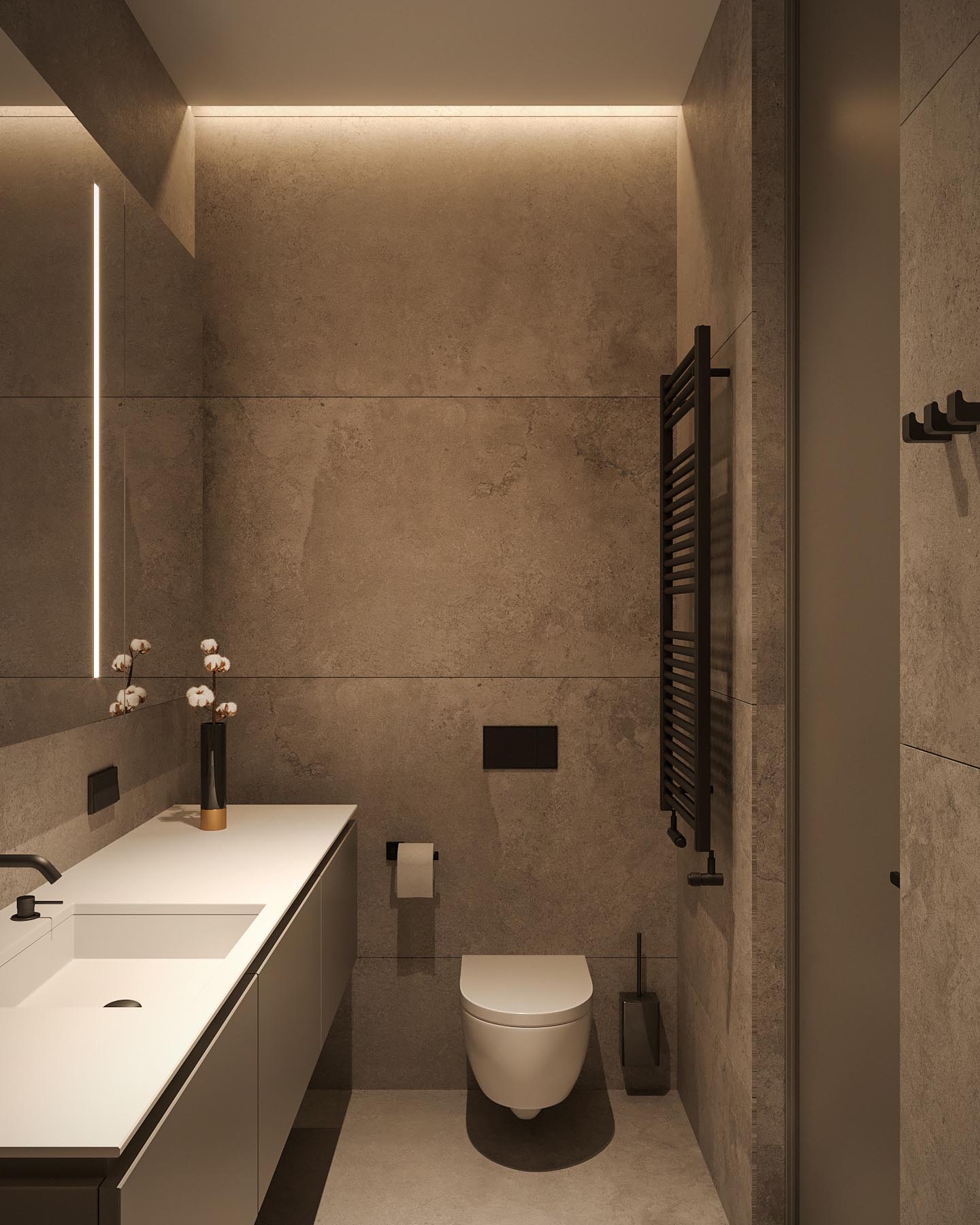 A modern bathroom with a white vanity, large format tiles, and black accents.