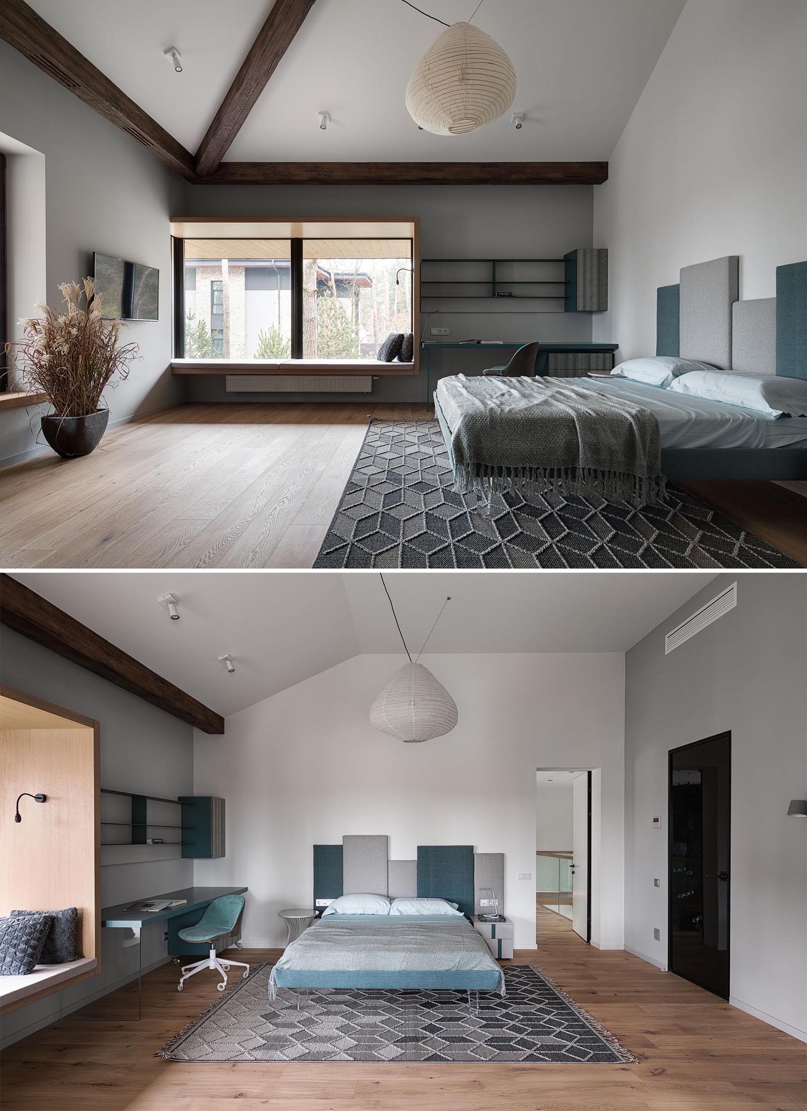 In this modern bedroom, there's a custom designed built-in window seat with views of the neighborhood. The bedroom also includes a desk with shelving above, and exposed wood beams.