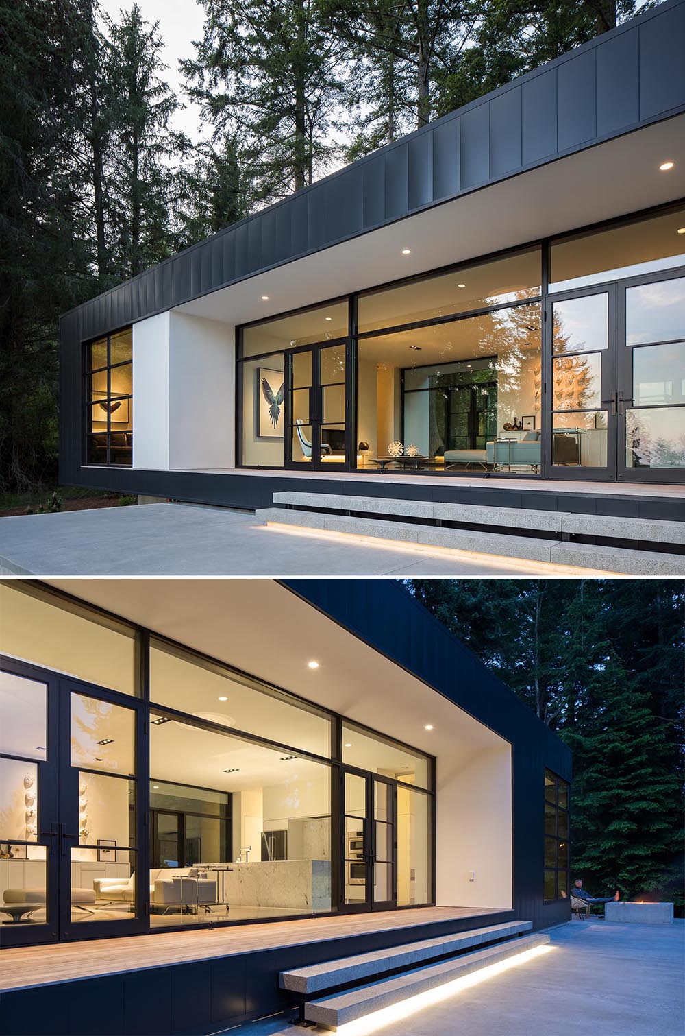 Black framed doors open the interior spaces of this modern home to the rear concrete terrace.