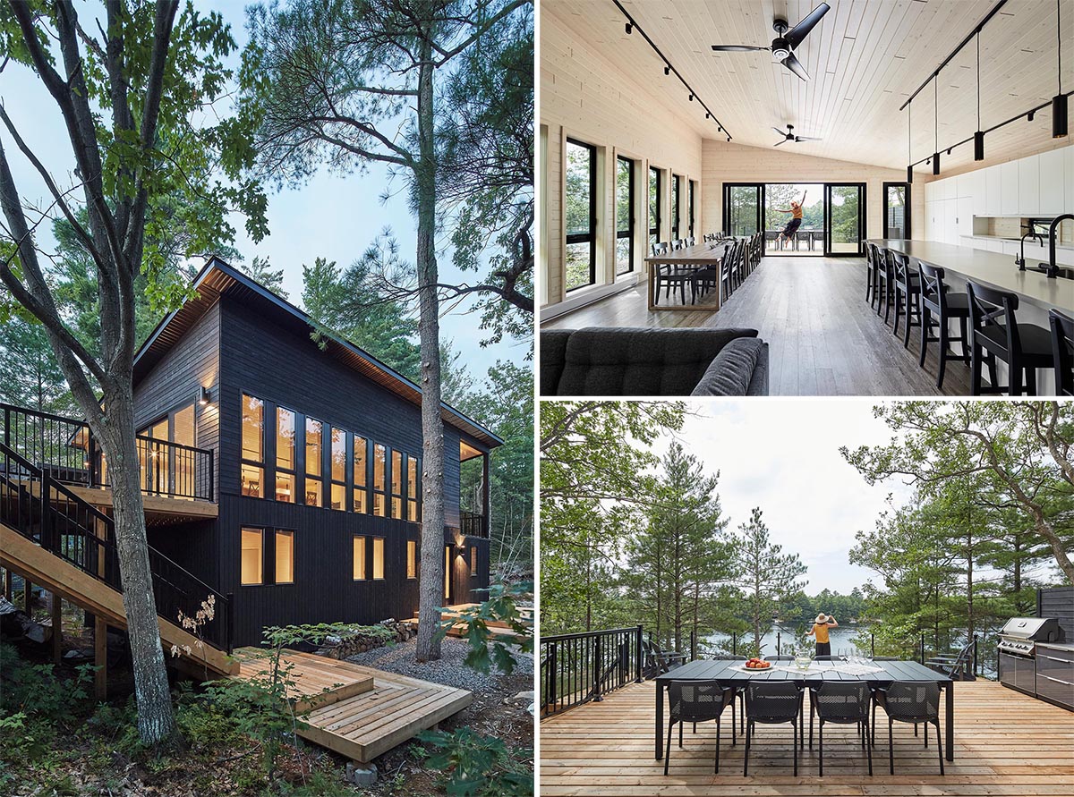 A modern cottage with black siding, a large deck, and an open great room with plenty of space for entertaining.