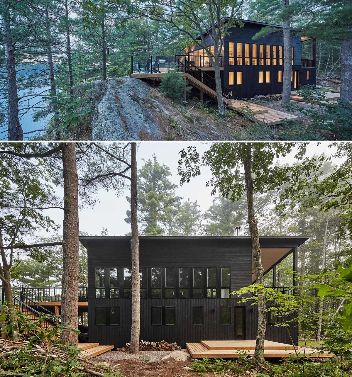 A modern cottage with black siding.