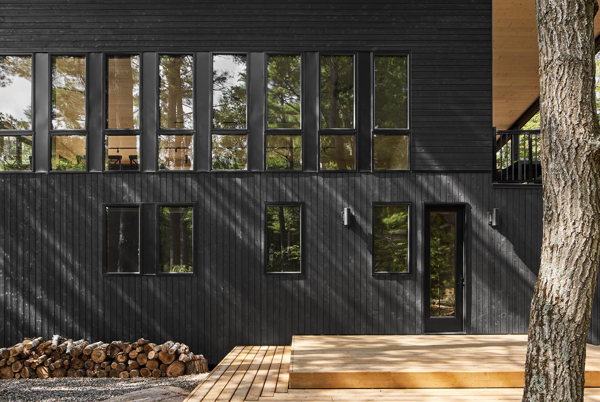 A modern cottage with black wood siding and matching black window frames.