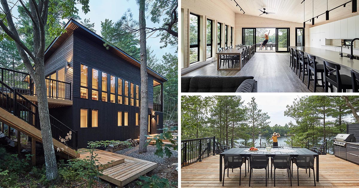 Black Windows Frames Blend Into The Black Wood Siding On The Exterior Of This Lakeside Home