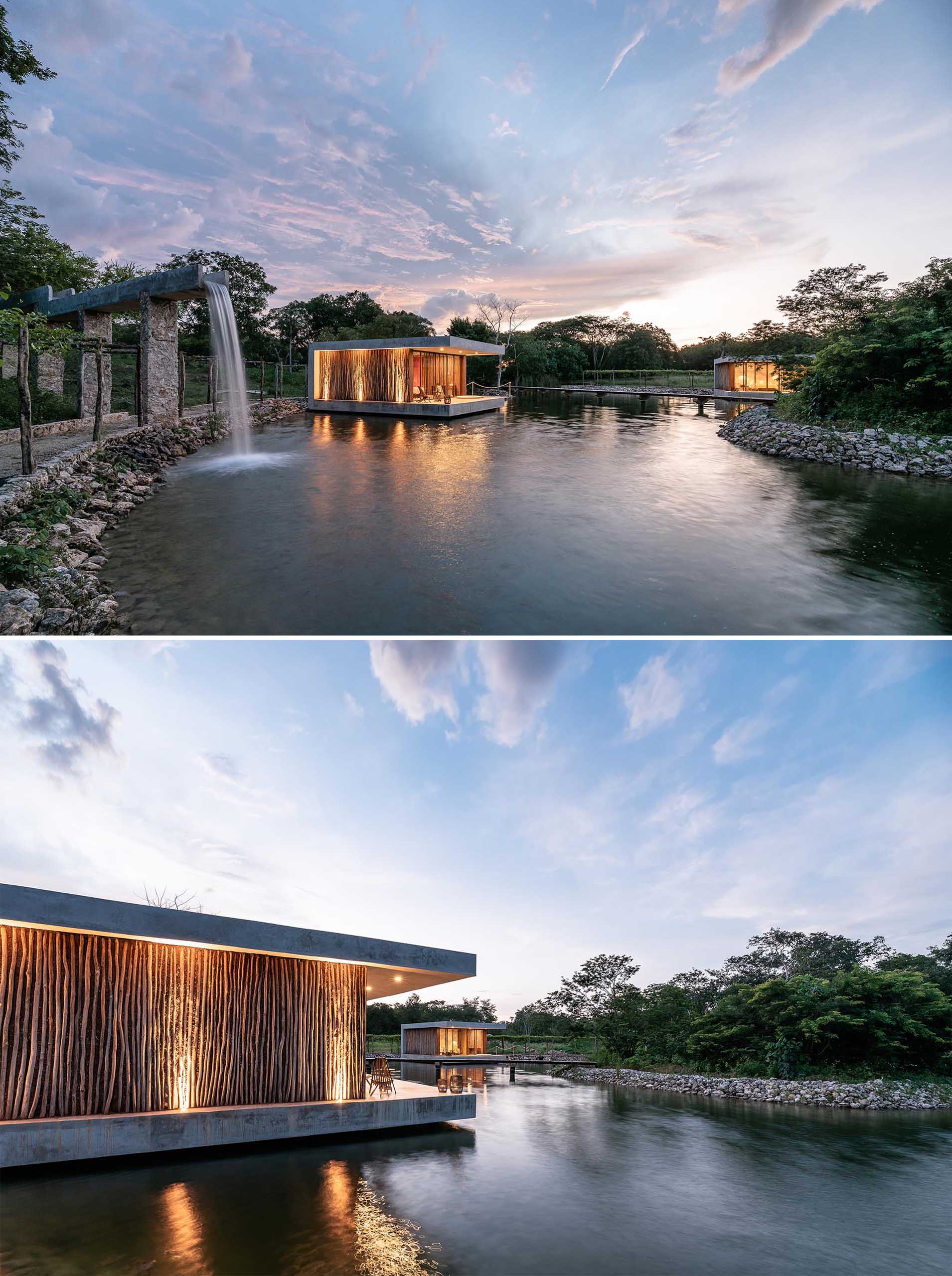 At night, the wood detailing on the exteriors of these modern cabins are highlighted with the use of uplighting.