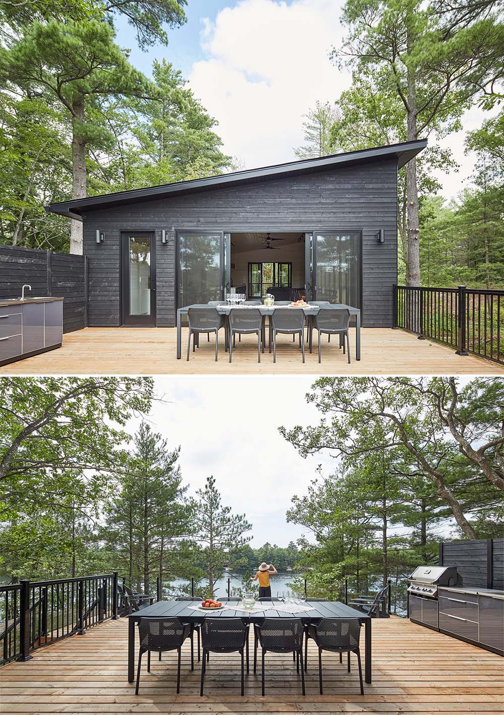 A modern black cottage with a deck furnished with an outdoor kitchen and a dining area.