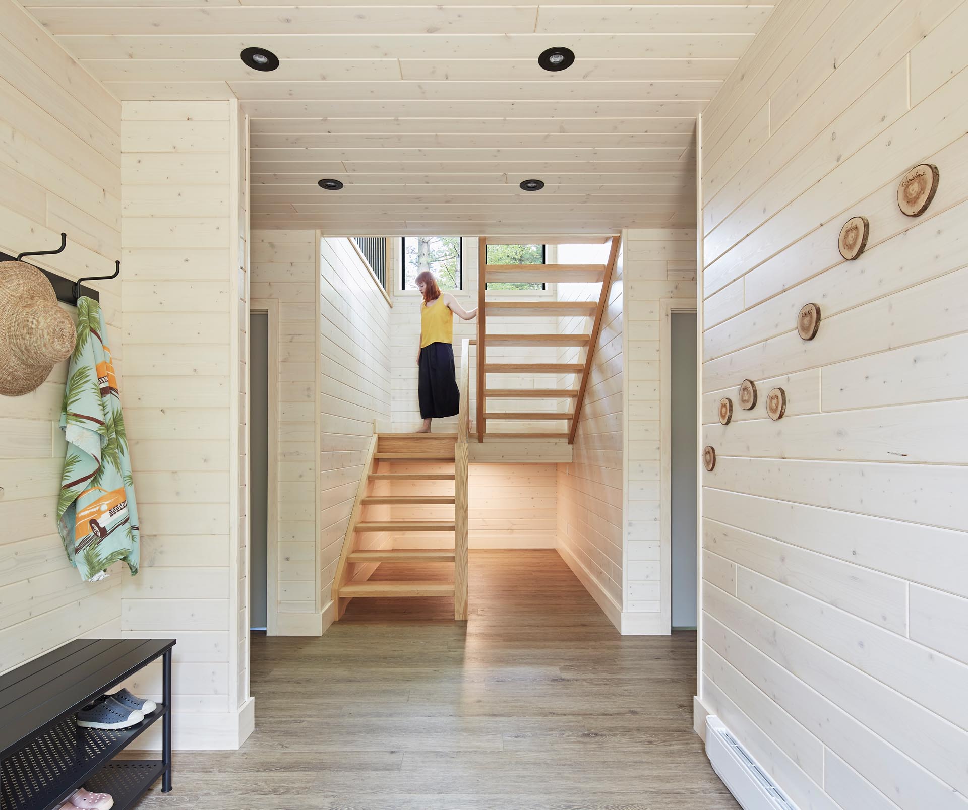 A modern wood staircase.