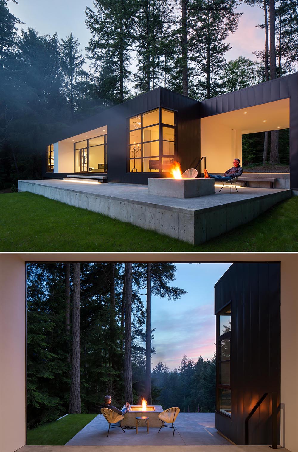 Built into the concrete terrace of this modern home, is a fire pit that can be lit to create a cozy outdoor experience.