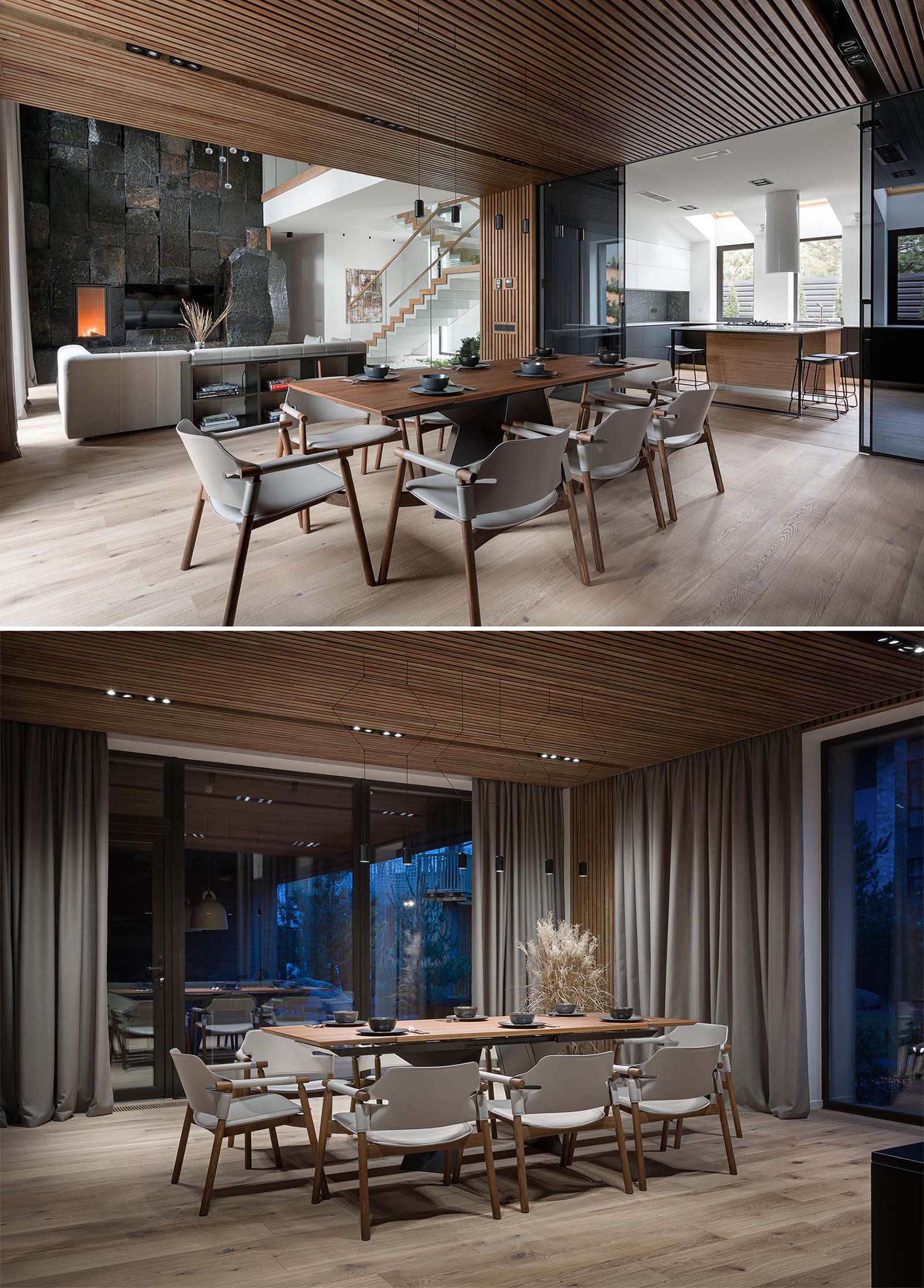 This open concept dining room has a wood slat ceiling, a wood dining table, and dining chairs that match the neutral color palette.