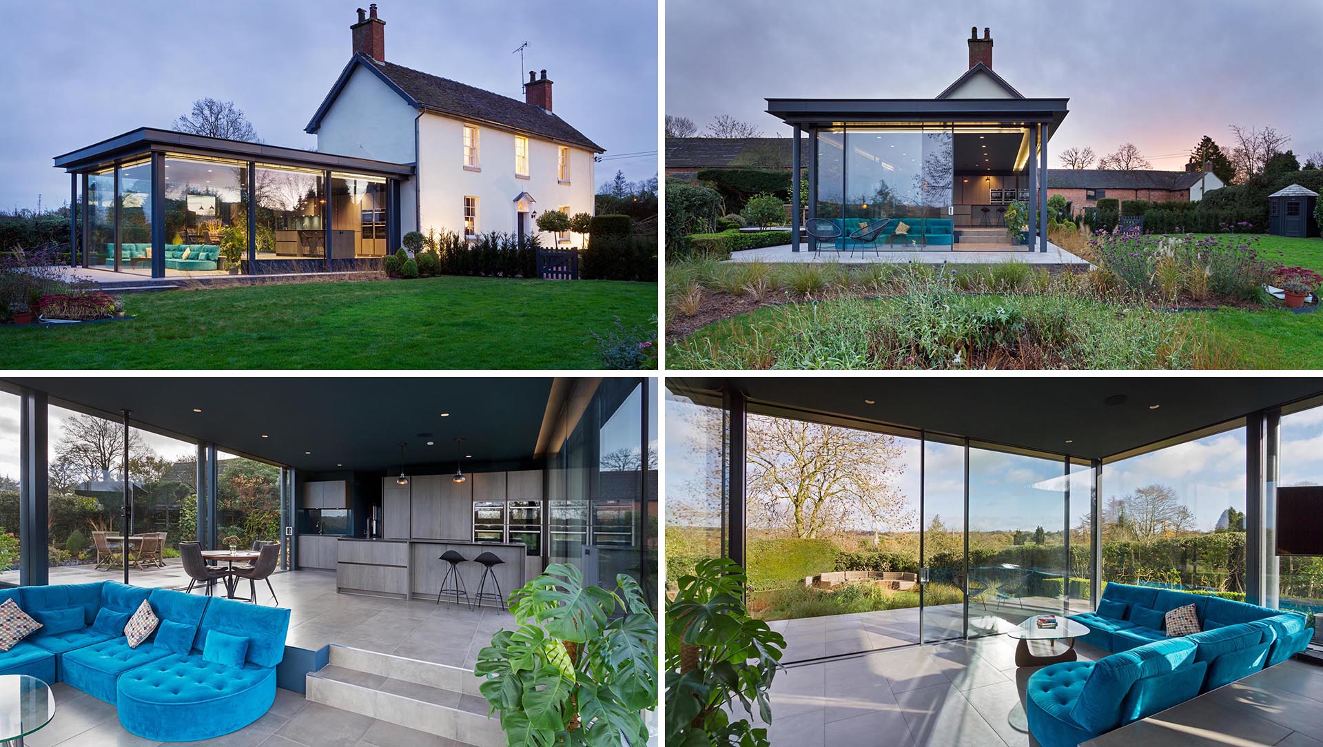 A modern glass enclosed extension with open living space was added to a heritage home in England.