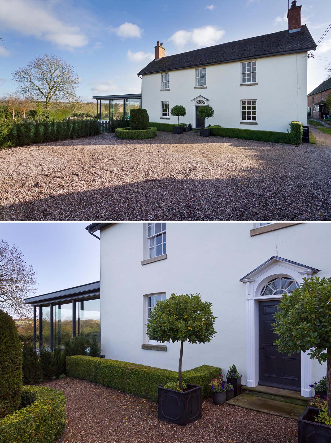 A modern glass enclosed addition for a Grade II Listed cottage in a small hamlet in Staffordshire, England.