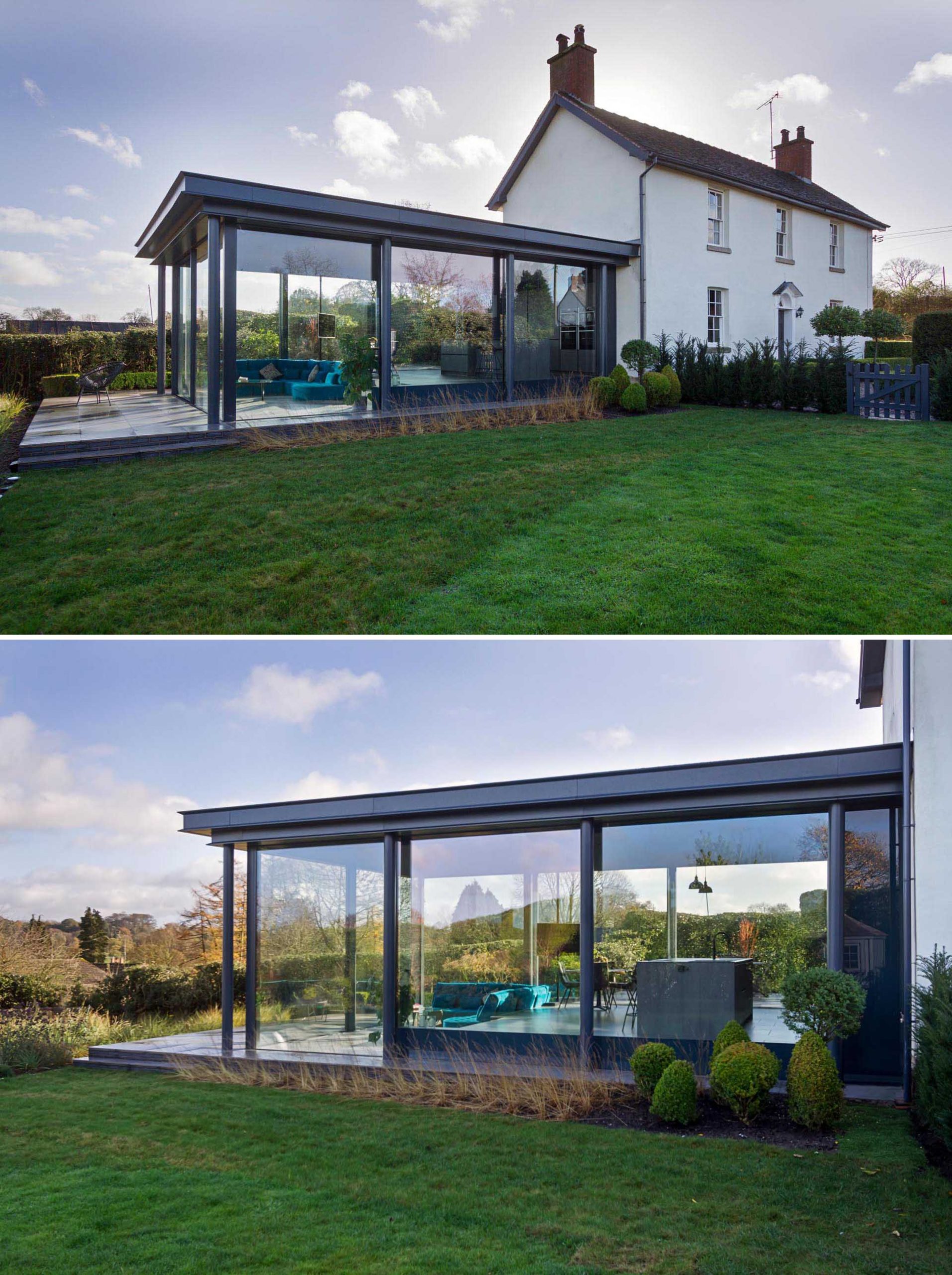 A modern glass enclosed addition for a Grade II Listed cottage in a small hamlet in Staffordshire, England.