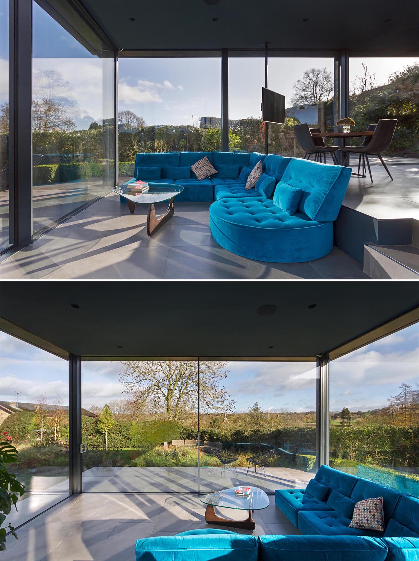 The modern interior of this addition includes a 1960’s style split level living area away from the kitchen and dining area, creating a space to comfortably relax and enjoy the views of the garden day and night.