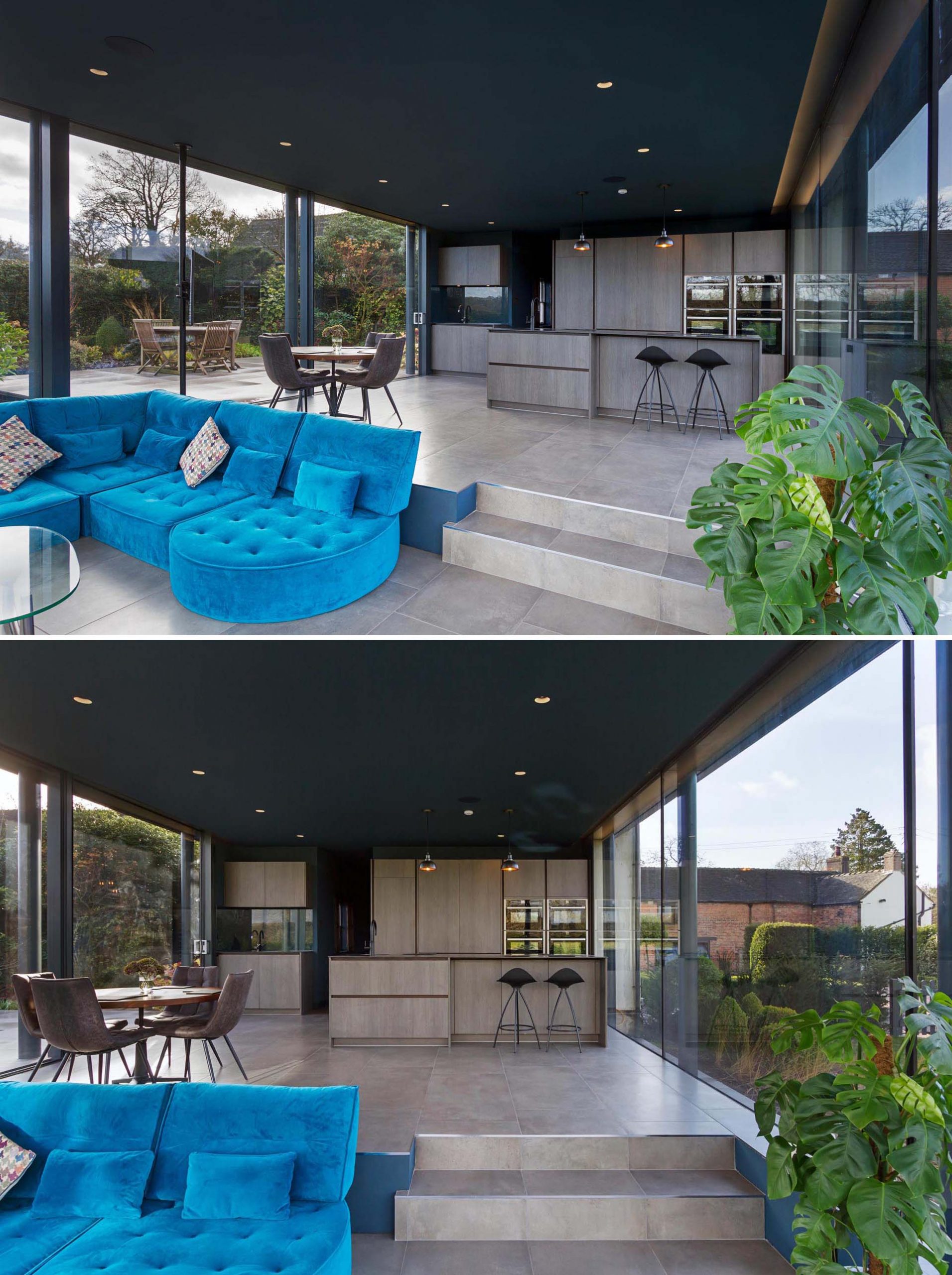 The modern interior of this addition includes a 1960’s style split level living area away from the kitchen and dining area, creating a space to comfortably relax and enjoy the views of the garden day and night.