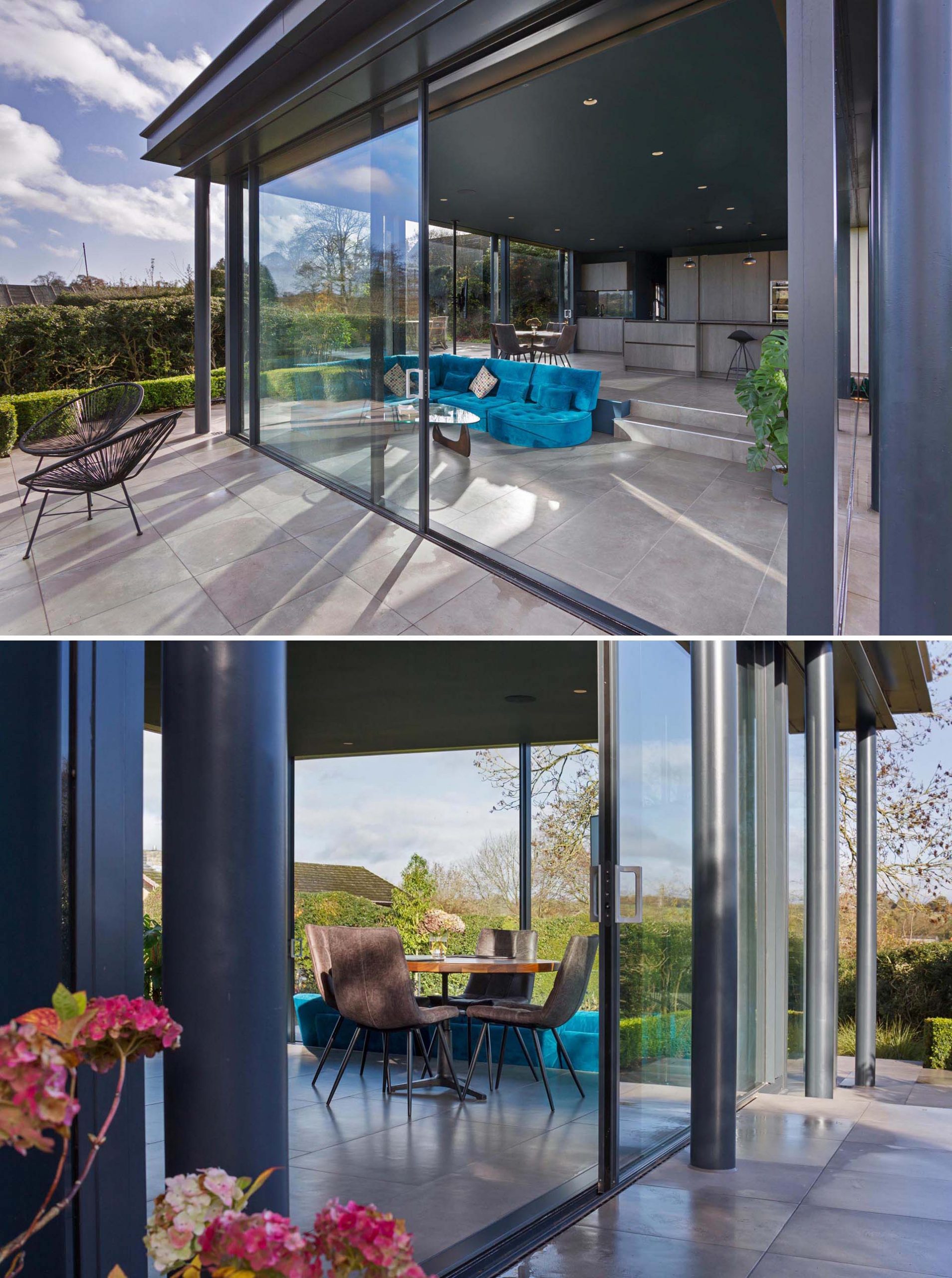 The floor to ceiling glazed doors of this modern addition provide an abundance of natural light and provide the connection to the garden that was desired.