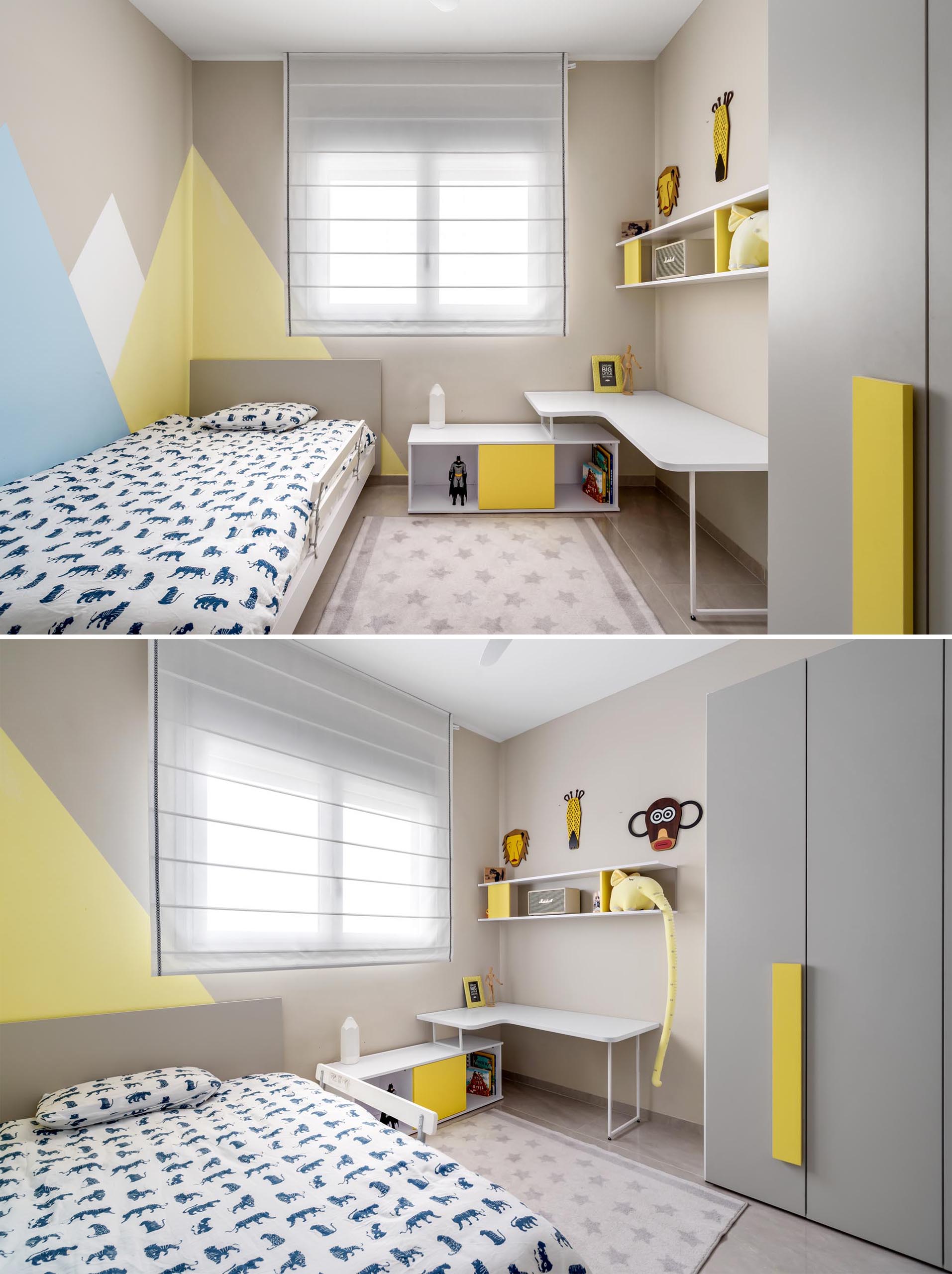 In this kid's bedroom, soft pops of yellow and blue brighten up neutral colored walls.