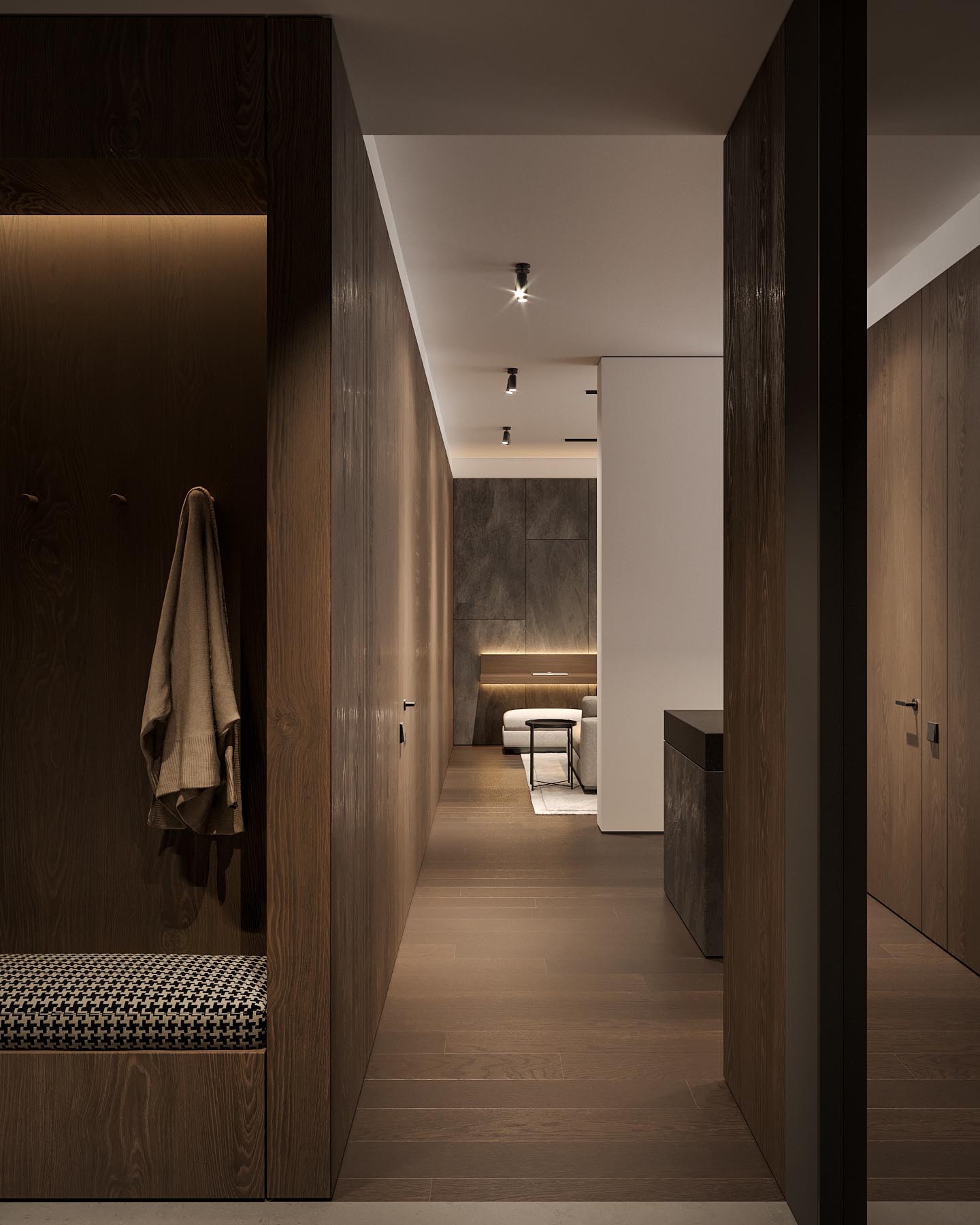 A dark wood lined entryway and hallway.