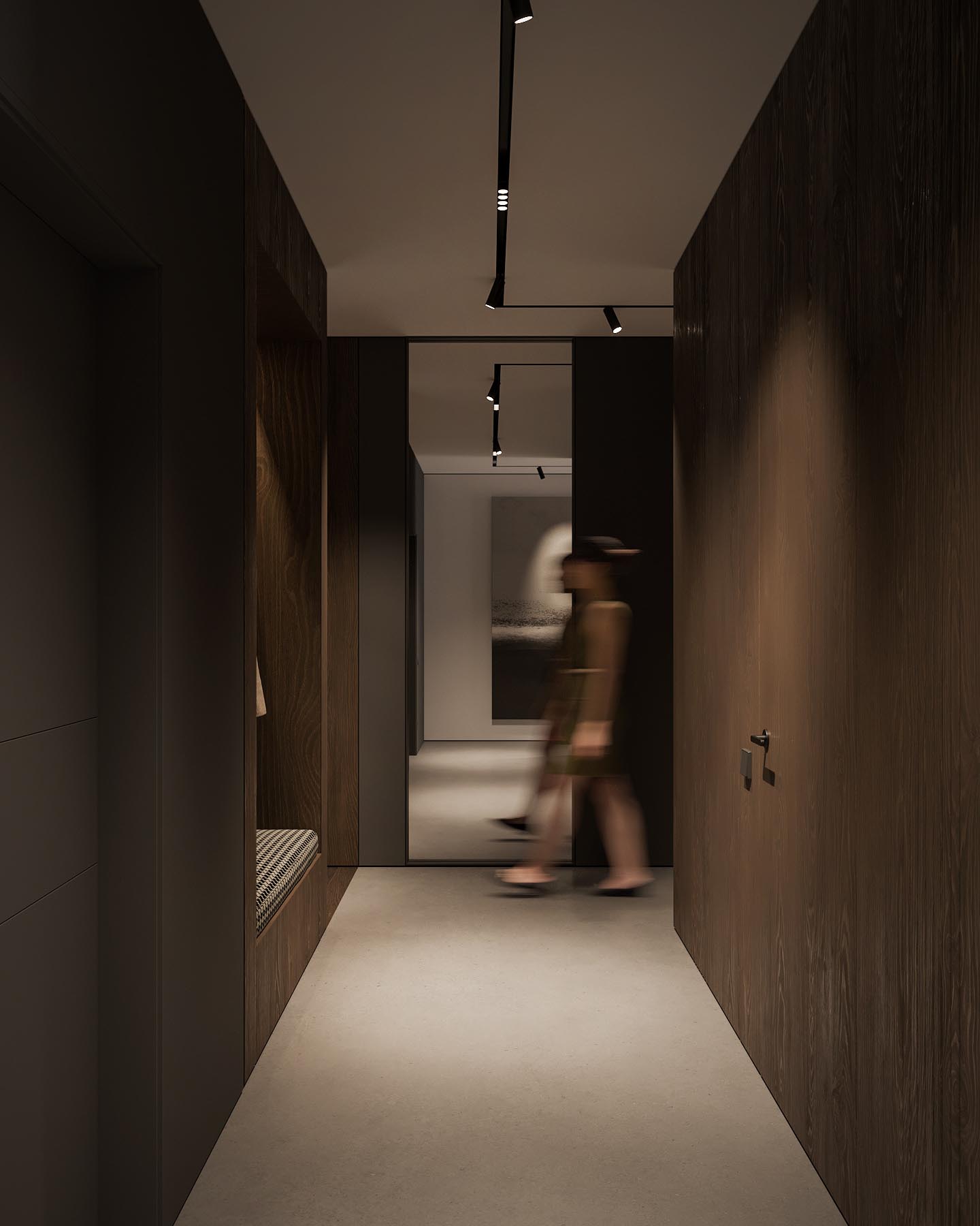 A dark wood lined entryway and hallway, with a built-in bench.