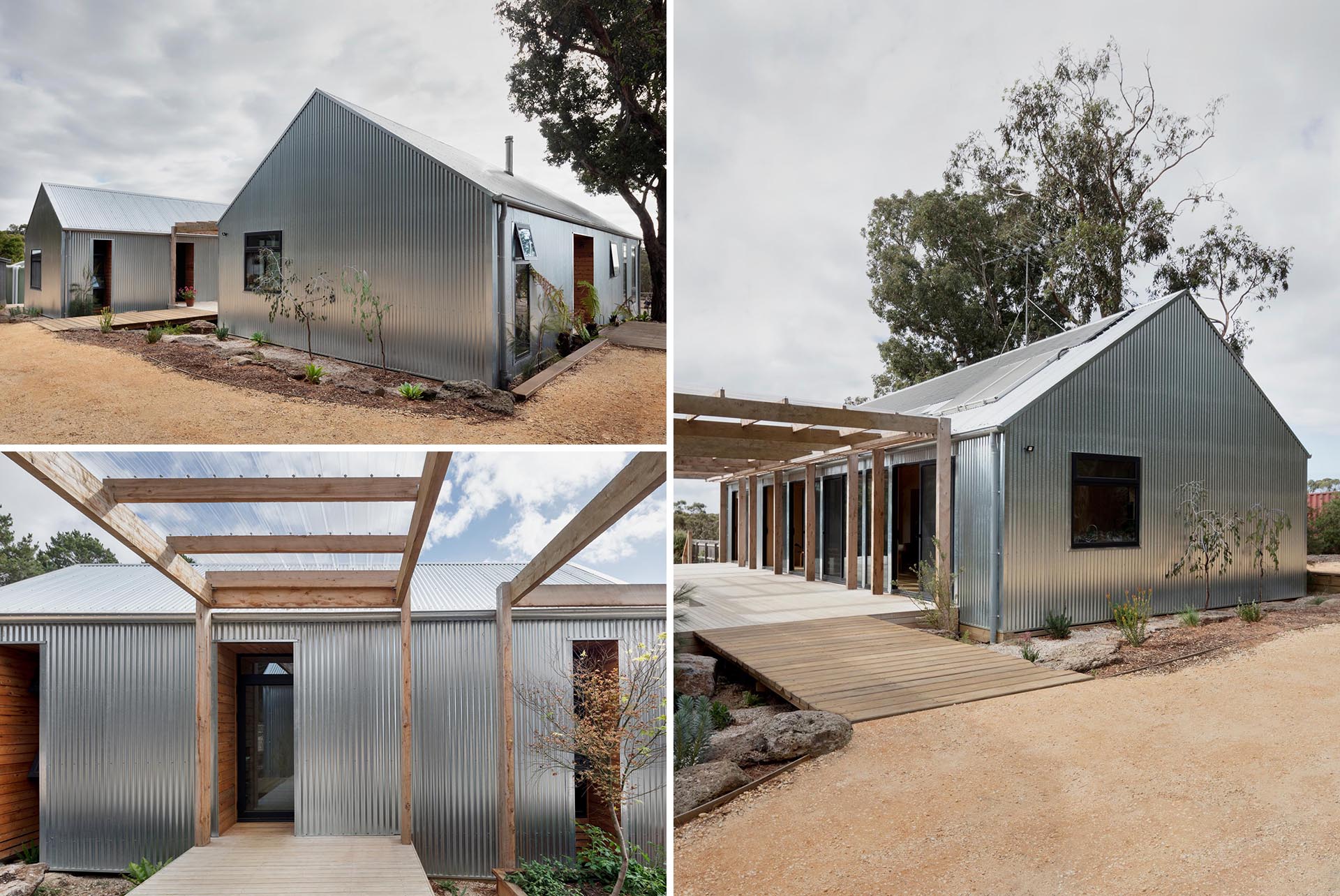 A modern house in rural Australia is covered in corrugated metal siding.