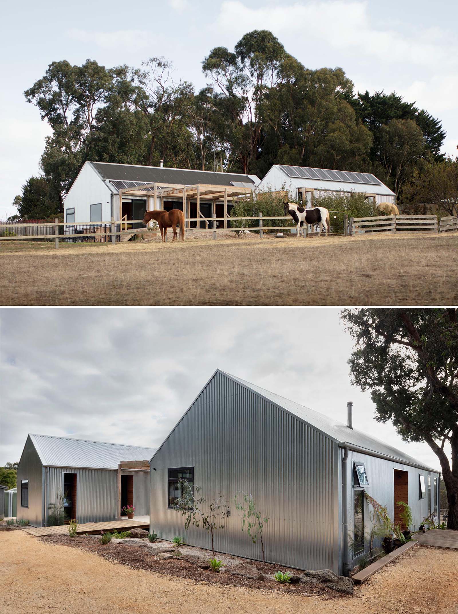 A modern house covered in corrugated metal siding.