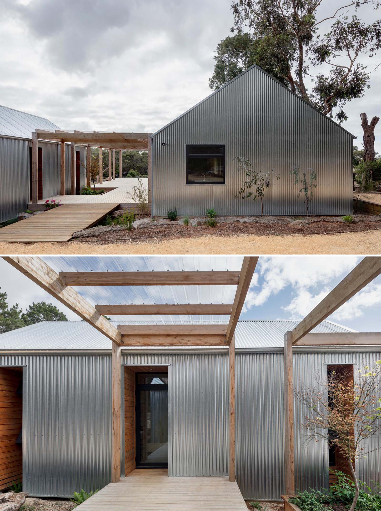 When paired with warm wood elements and black window frames, the corrugated metal siding allows this home to take on a more contemporary look.