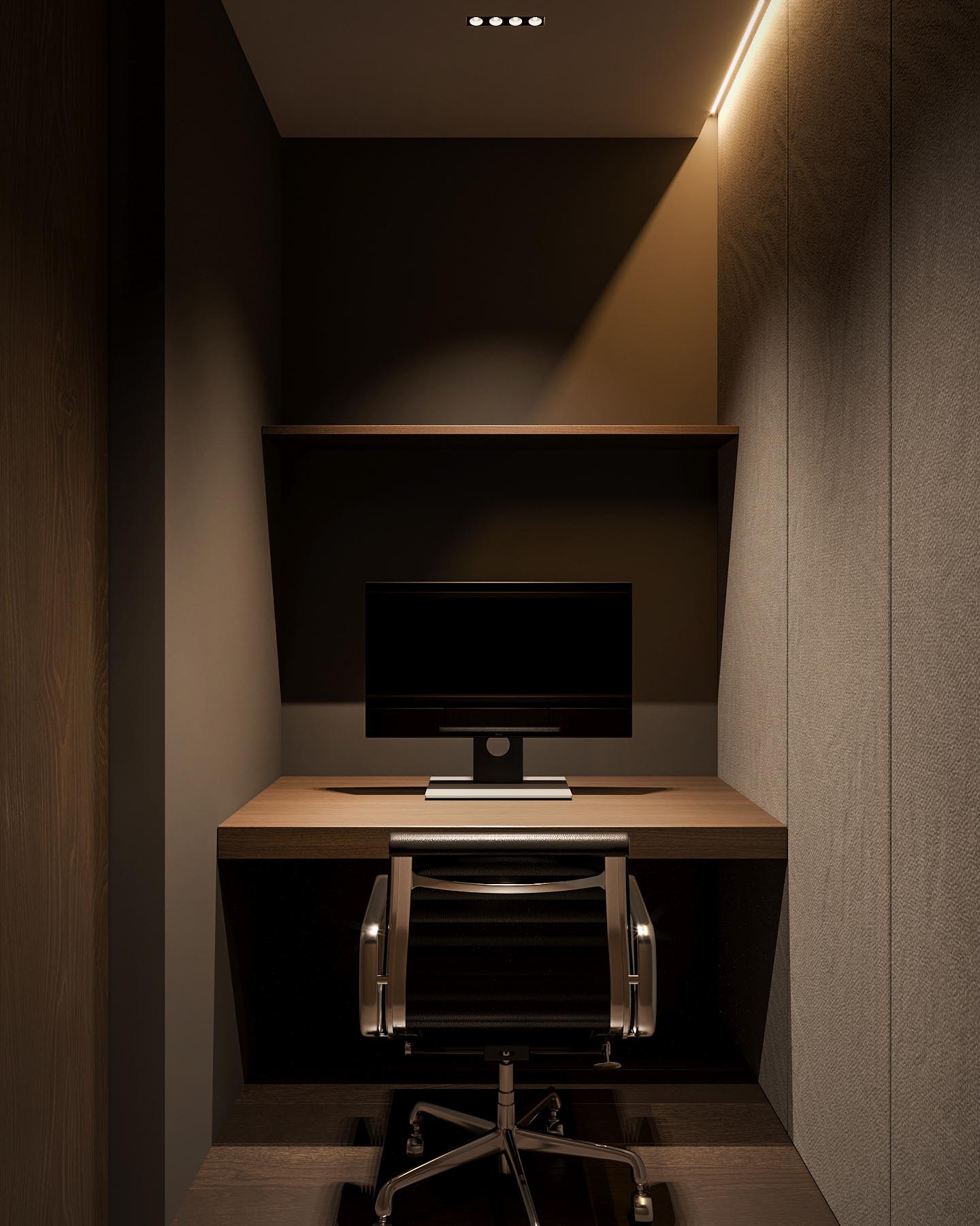 A small home office with a built-in desk is hidden behind a wall in the living room.